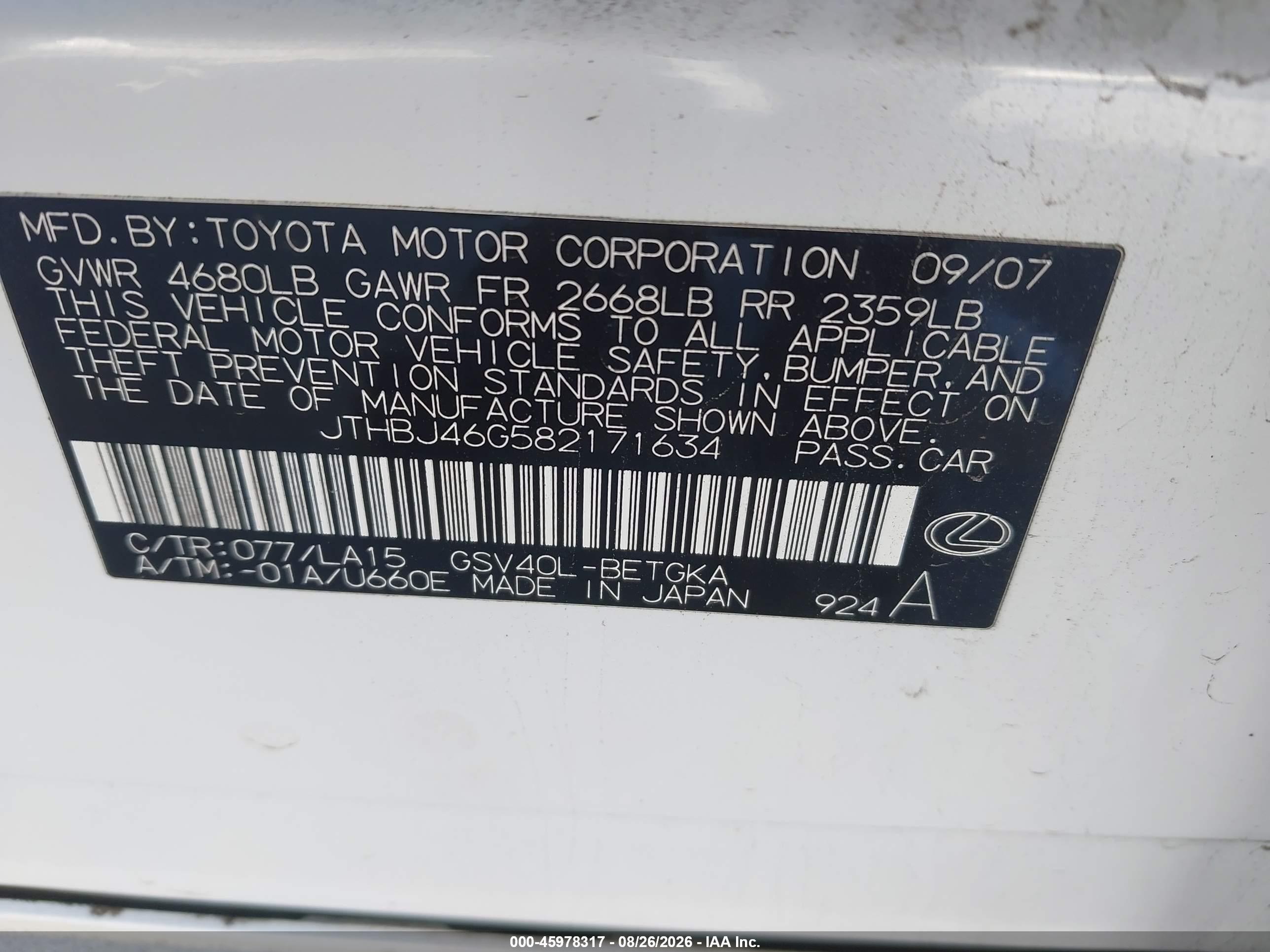 2008 Lexus Es 350 White vin: JTHBJ46G582171634