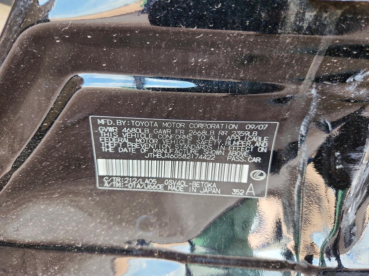 2008 Lexus Es 350 Black vin: JTHBJ46G582174422