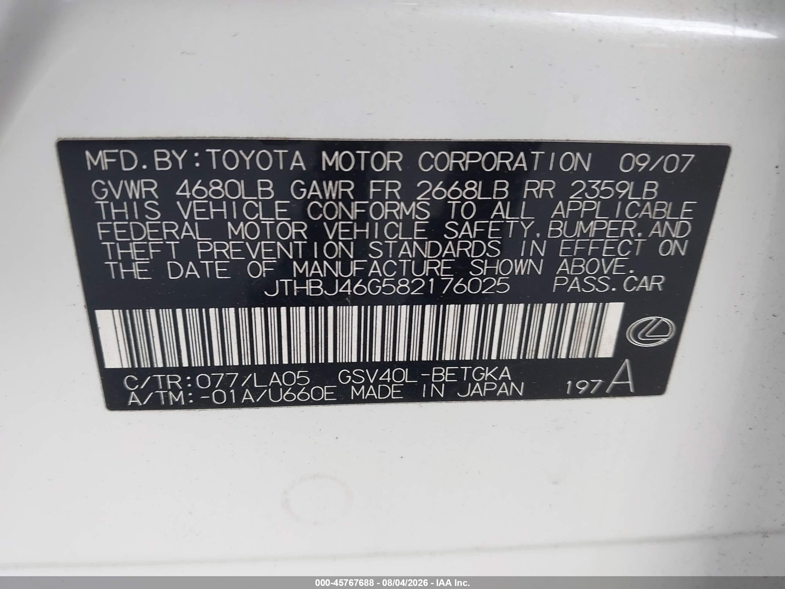 2008 Lexus Es 350   White vin: JTHBJ46G582176025