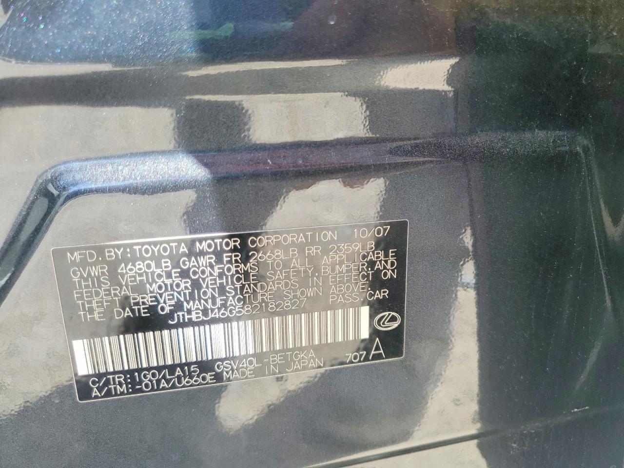 2008 Lexus Es 350 Угольный vin: JTHBJ46G582182827