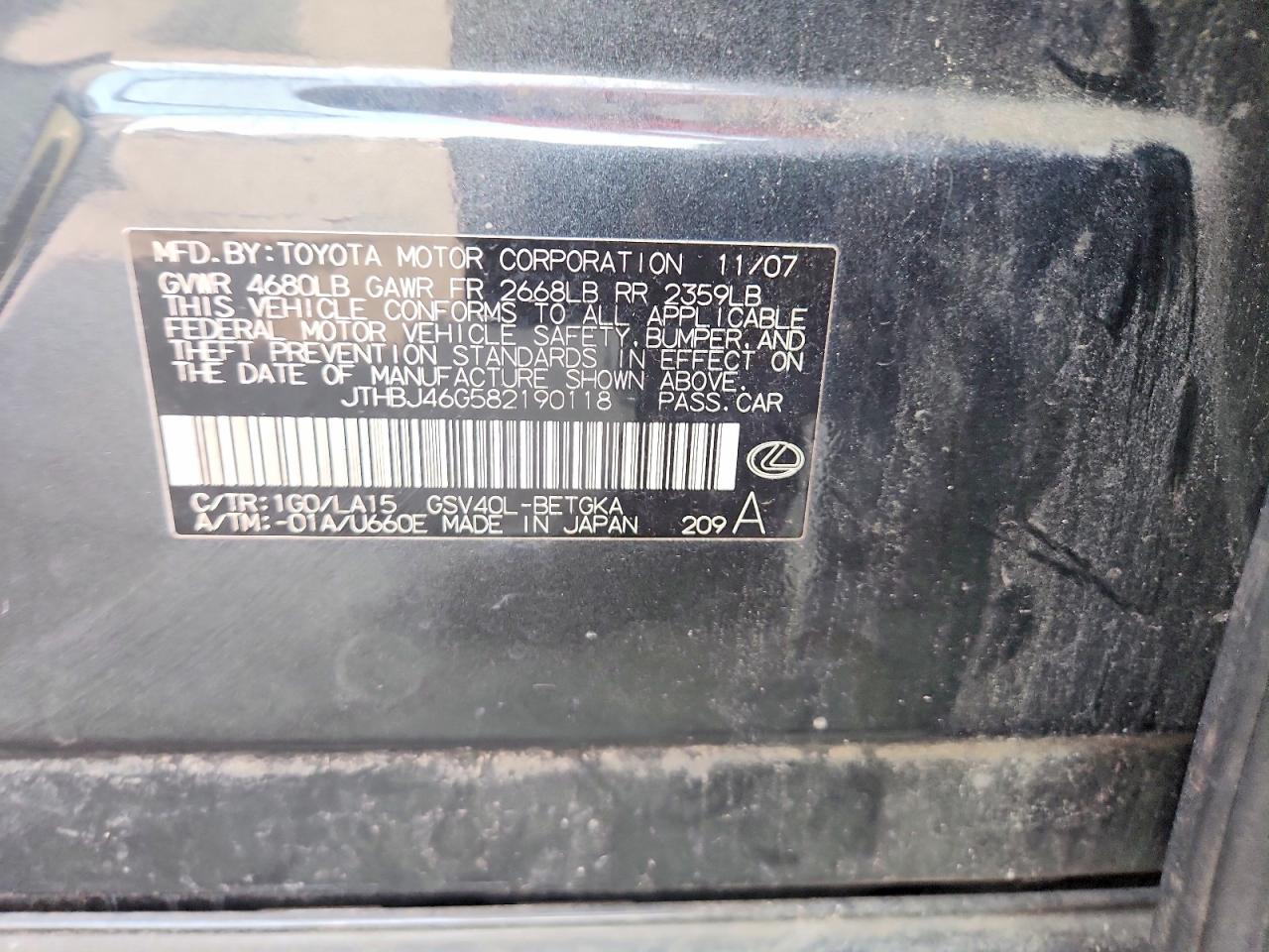 2008 Lexus Es 350 Charcoal vin: JTHBJ46G582190118
