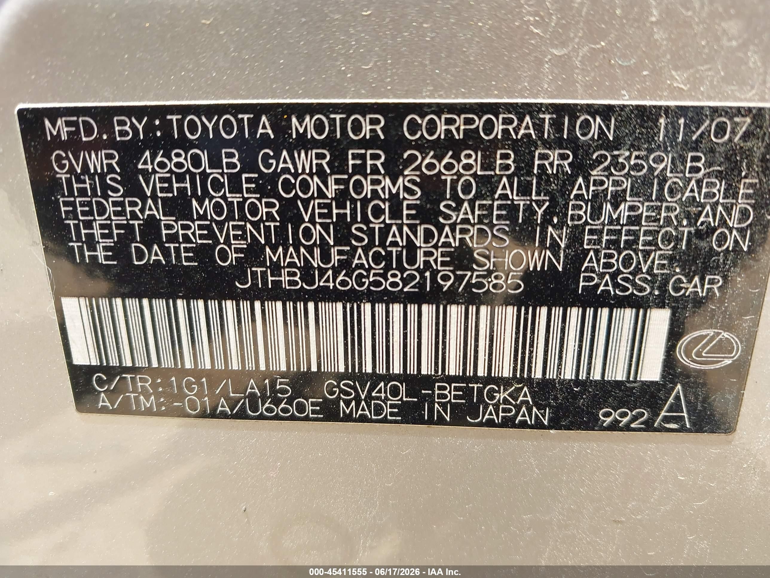2008 Lexus Es 350 Silver vin: JTHBJ46G582197585