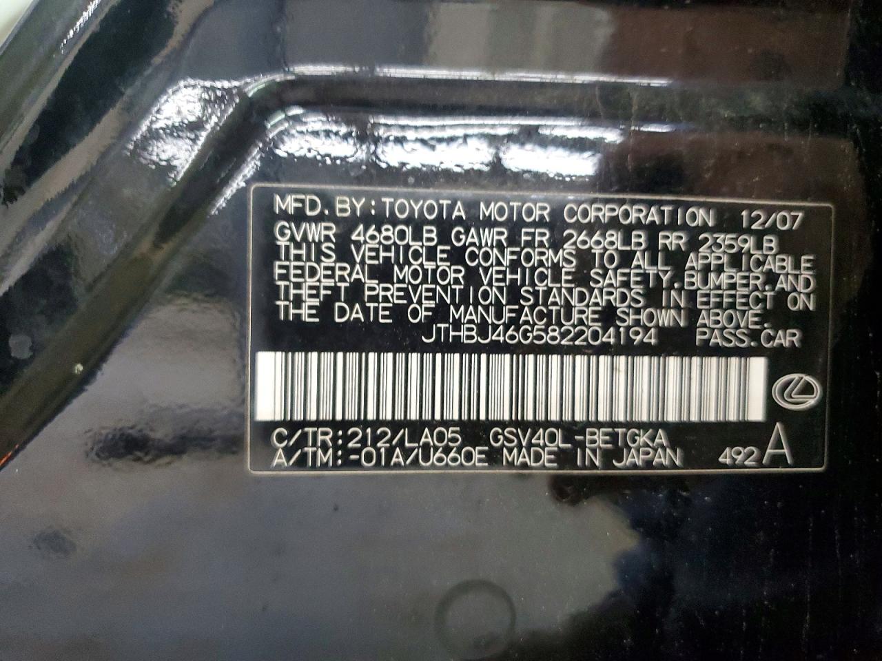 2008 Lexus Es 350 Black vin: JTHBJ46G582204194