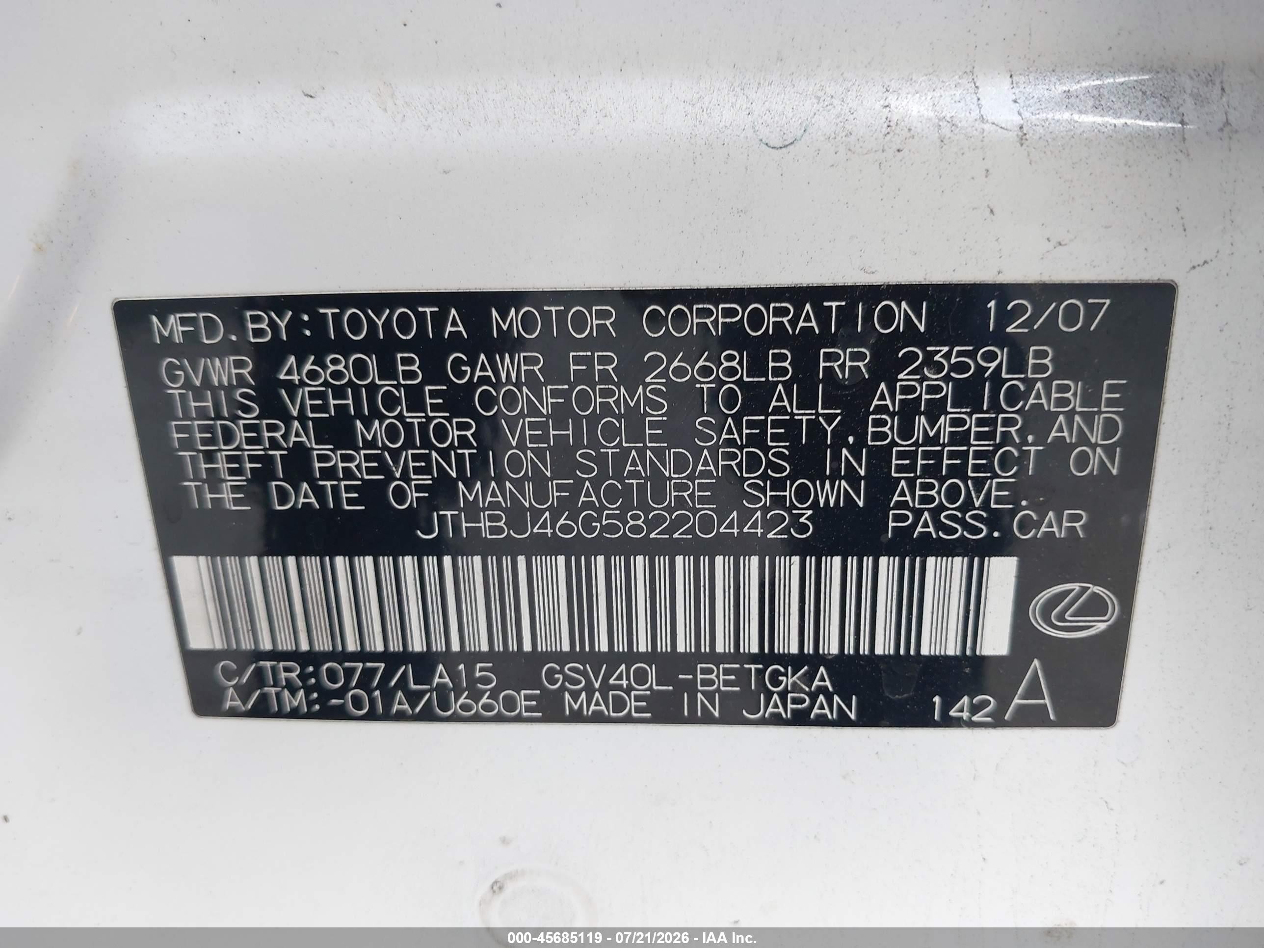 2008 Lexus Es 350   White vin: JTHBJ46G582204423