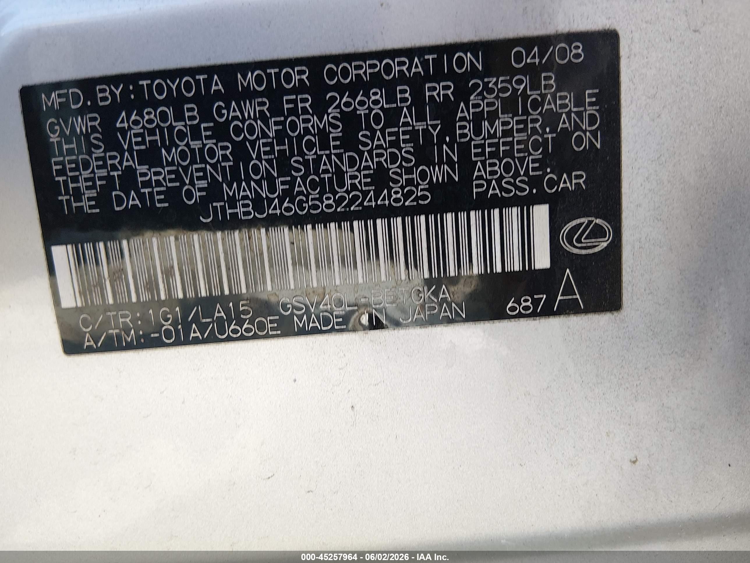 2008 Lexus Es 350   Silver vin: JTHBJ46G582244825