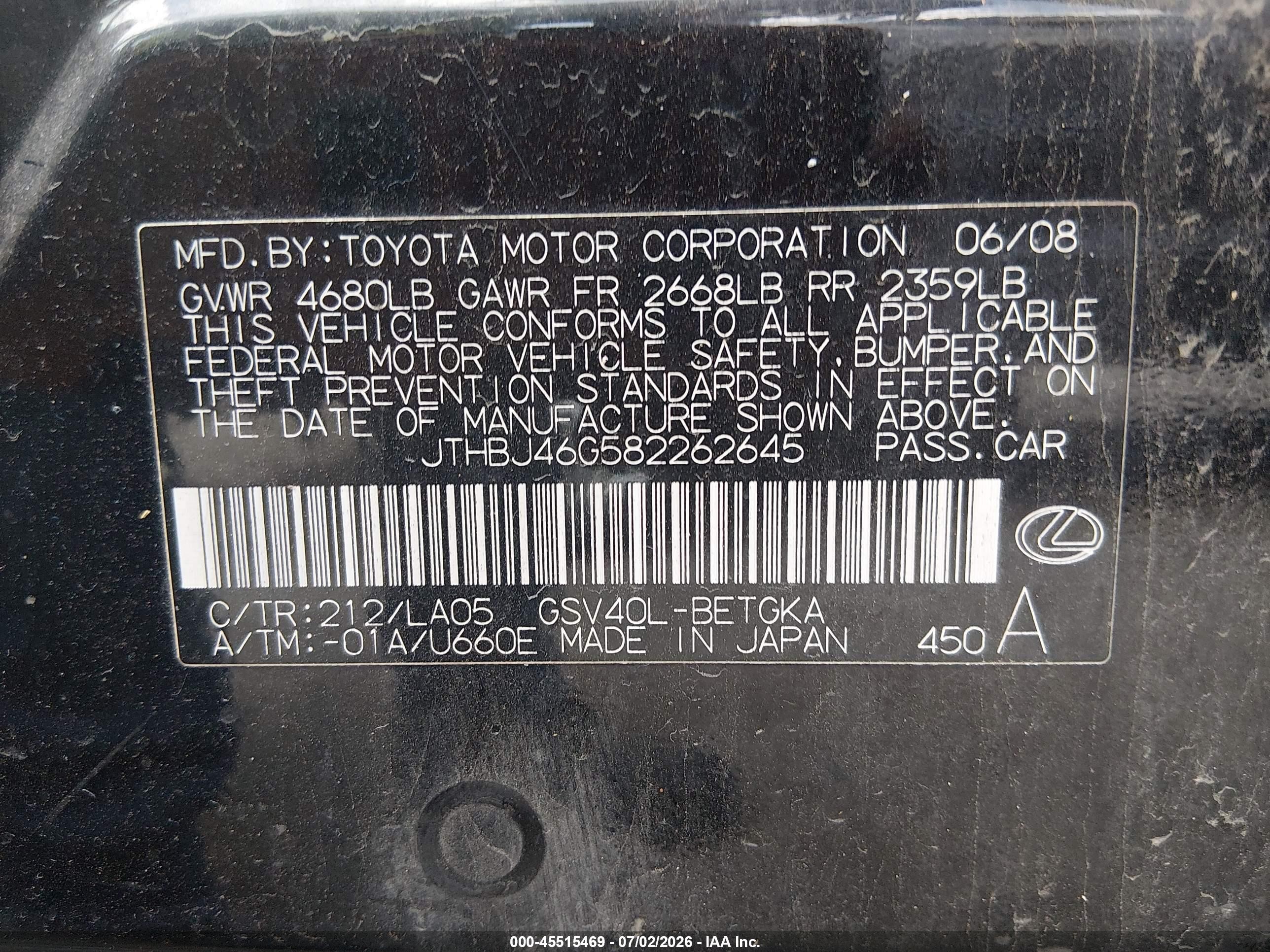2008 Lexus Es 350   Черный vin: JTHBJ46G582262645