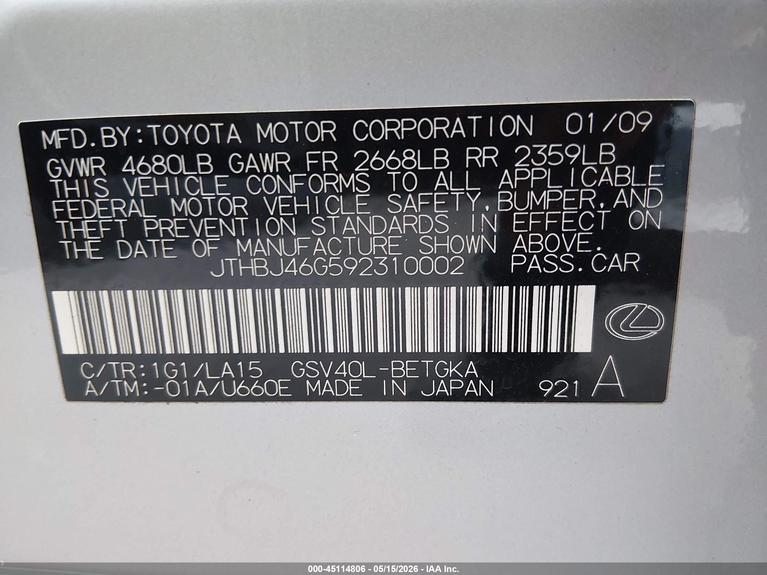 2009 Lexus Es 350   Gray vin: JTHBJ46G592310002