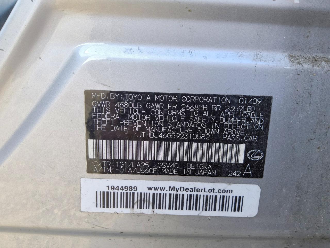2009 Lexus Es 350 Silver vin: JTHBJ46G592310582