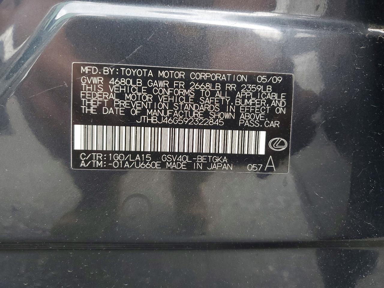 2009 Lexus Es 350 Charcoal vin: JTHBJ46G592322845