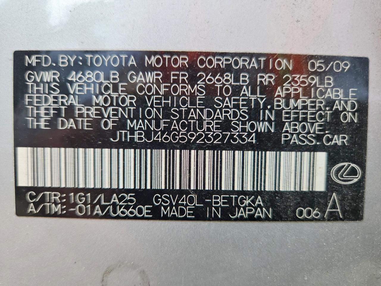 2009 Lexus Es 350 Silver vin: JTHBJ46G592327334