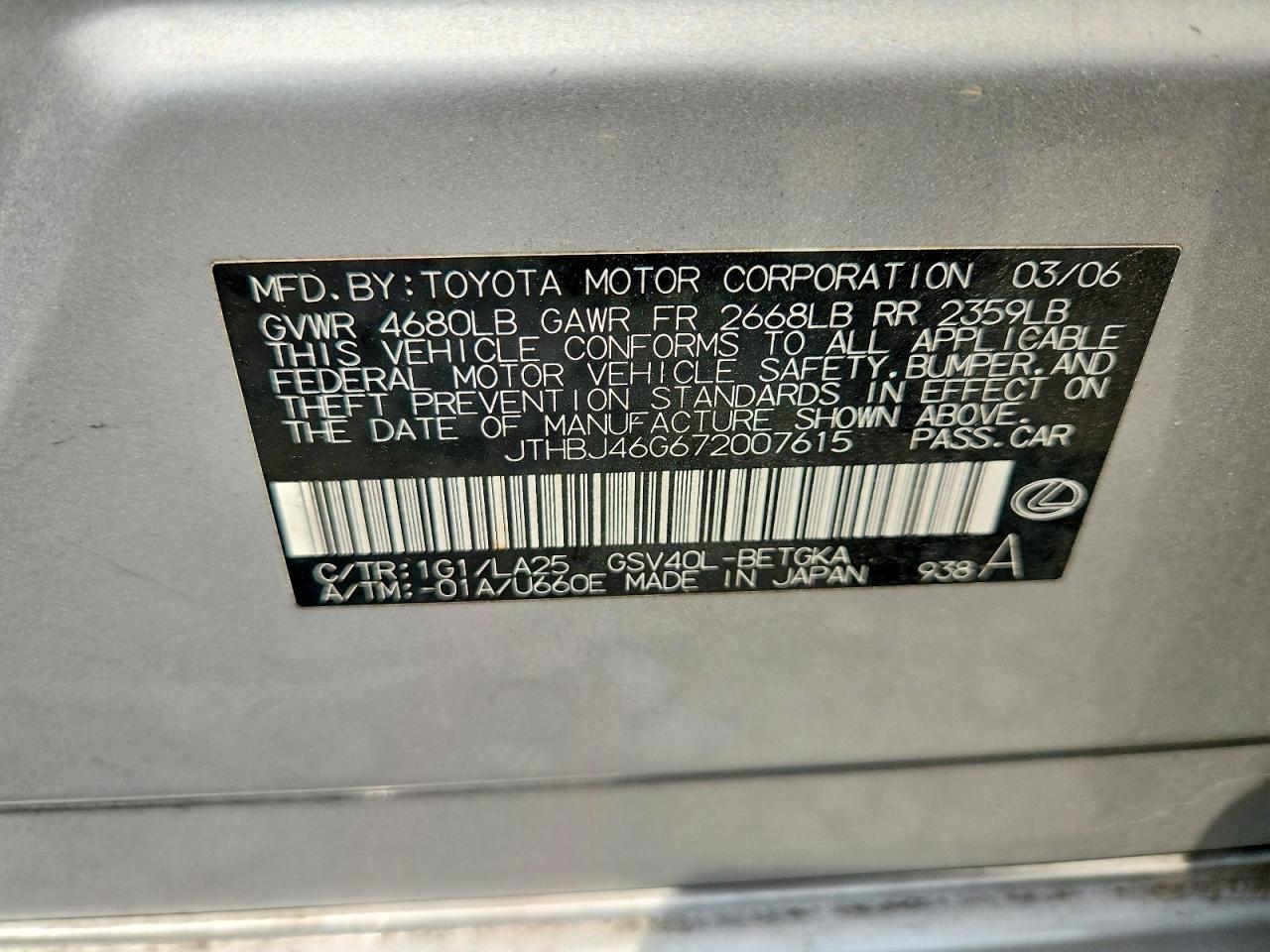 2007 Lexus Es 350 Base Серебряный vin: JTHBJ46G672007615