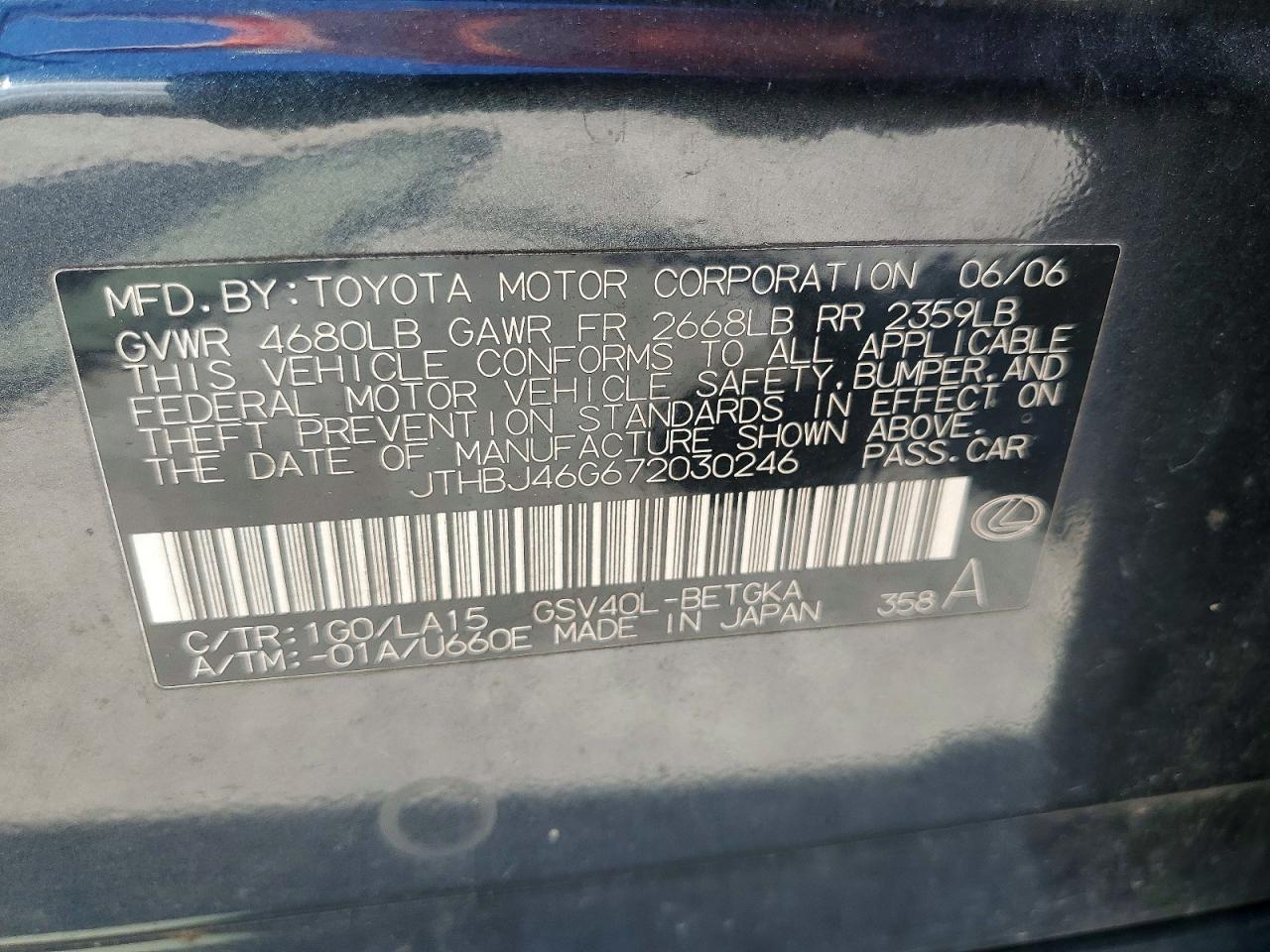 2007 Lexus Es 350 Black vin: JTHBJ46G672030246