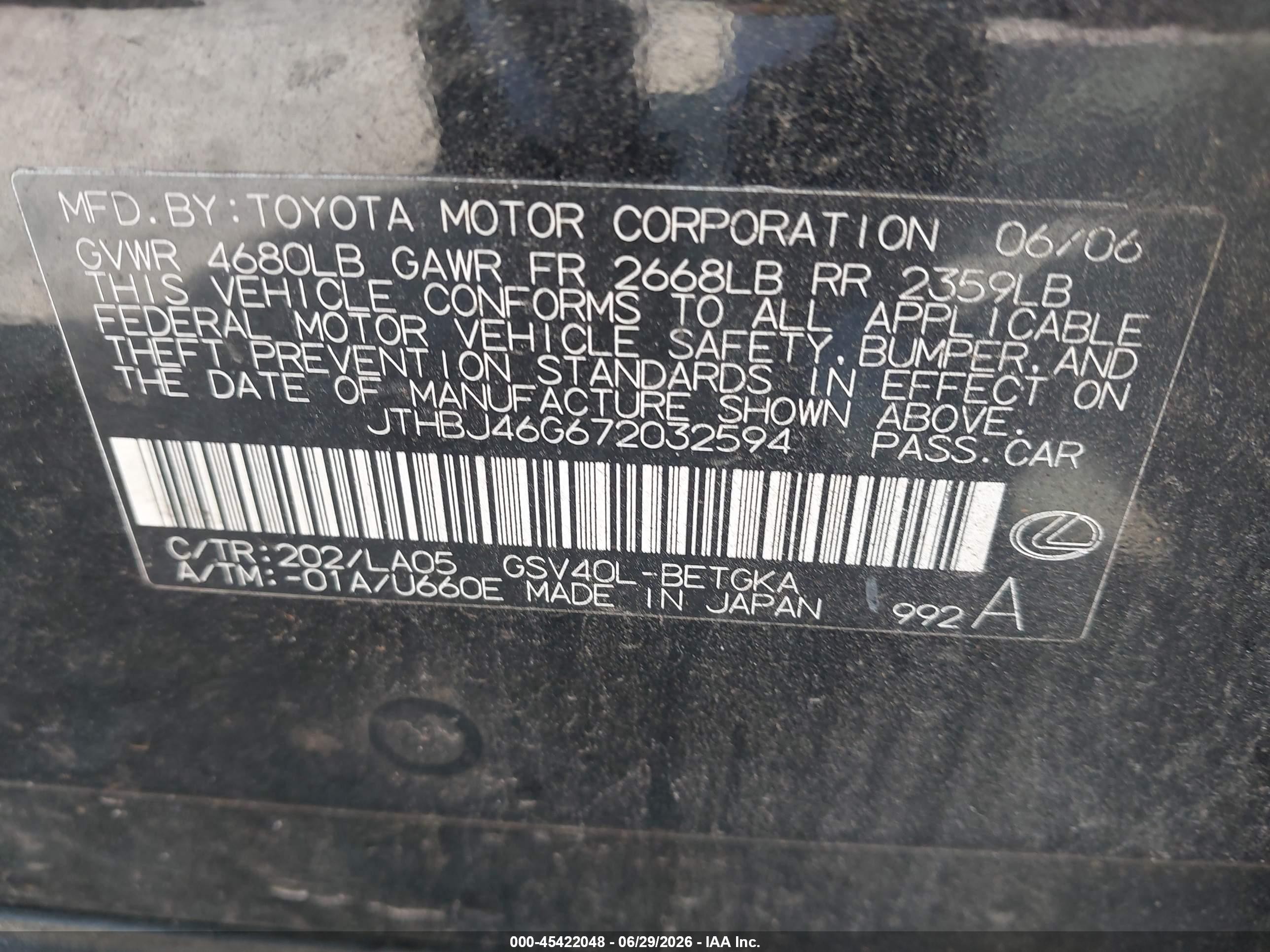2007 Lexus Es 350   Black vin: JTHBJ46G672032594