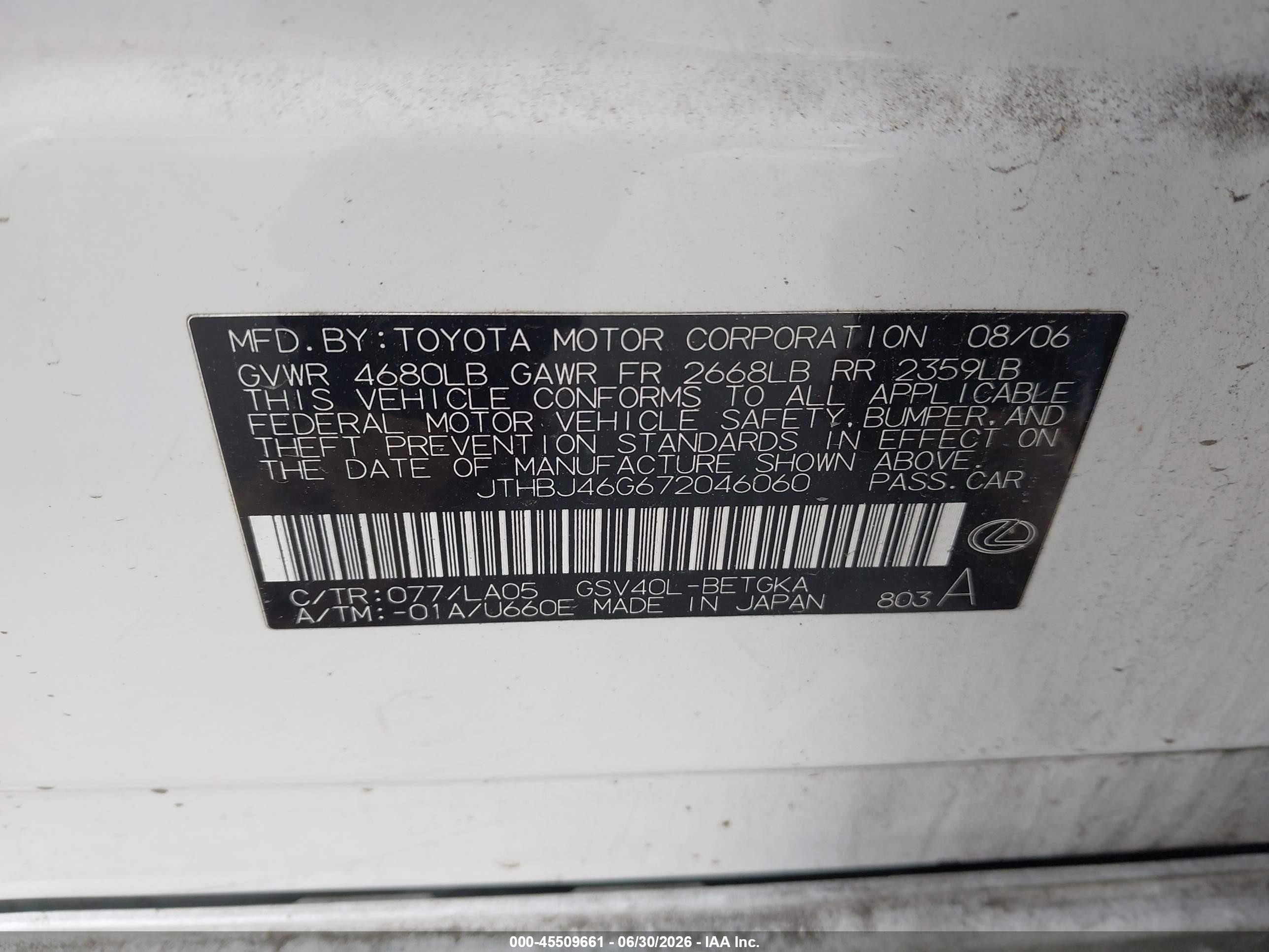 2007 Lexus Es 350   Белый vin: JTHBJ46G672046060