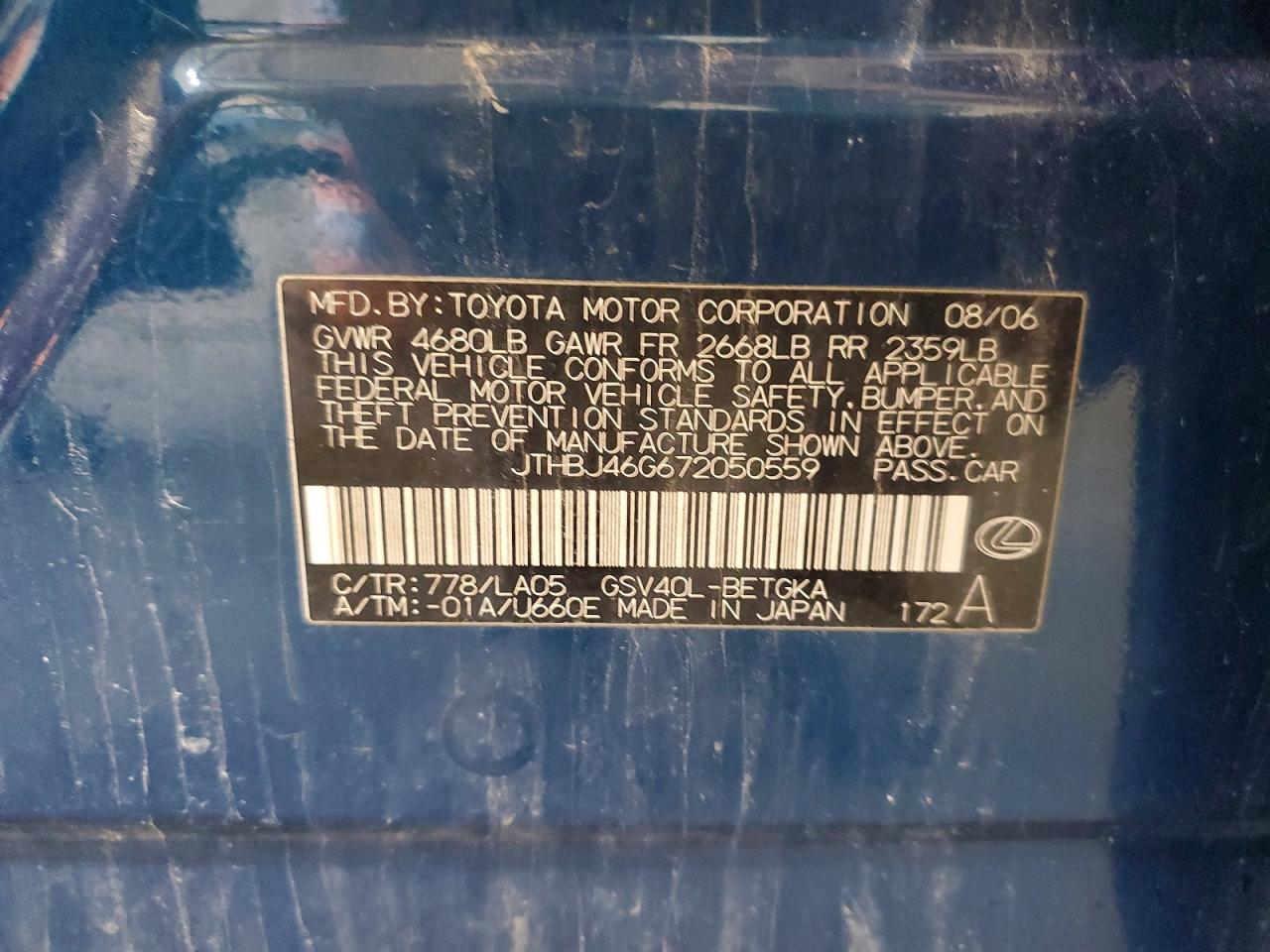 2007 Lexus Es 350 Blue vin: JTHBJ46G672050559