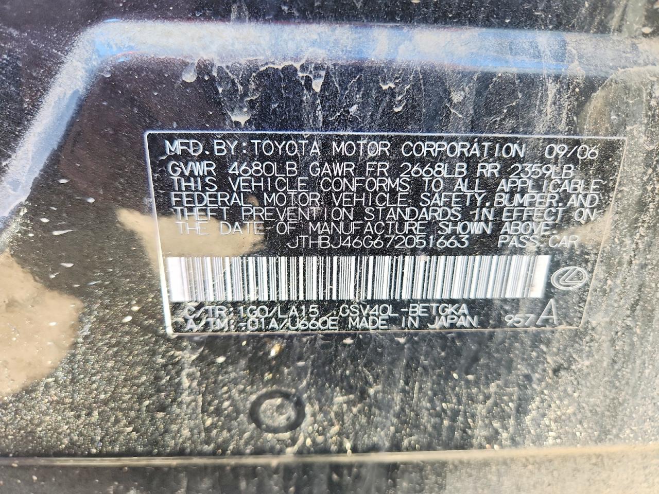2007 Lexus Es 350 Gray vin: JTHBJ46G672051663