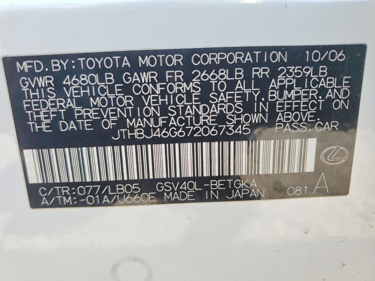 2007 Lexus Es 350 Белый vin: JTHBJ46G672067345