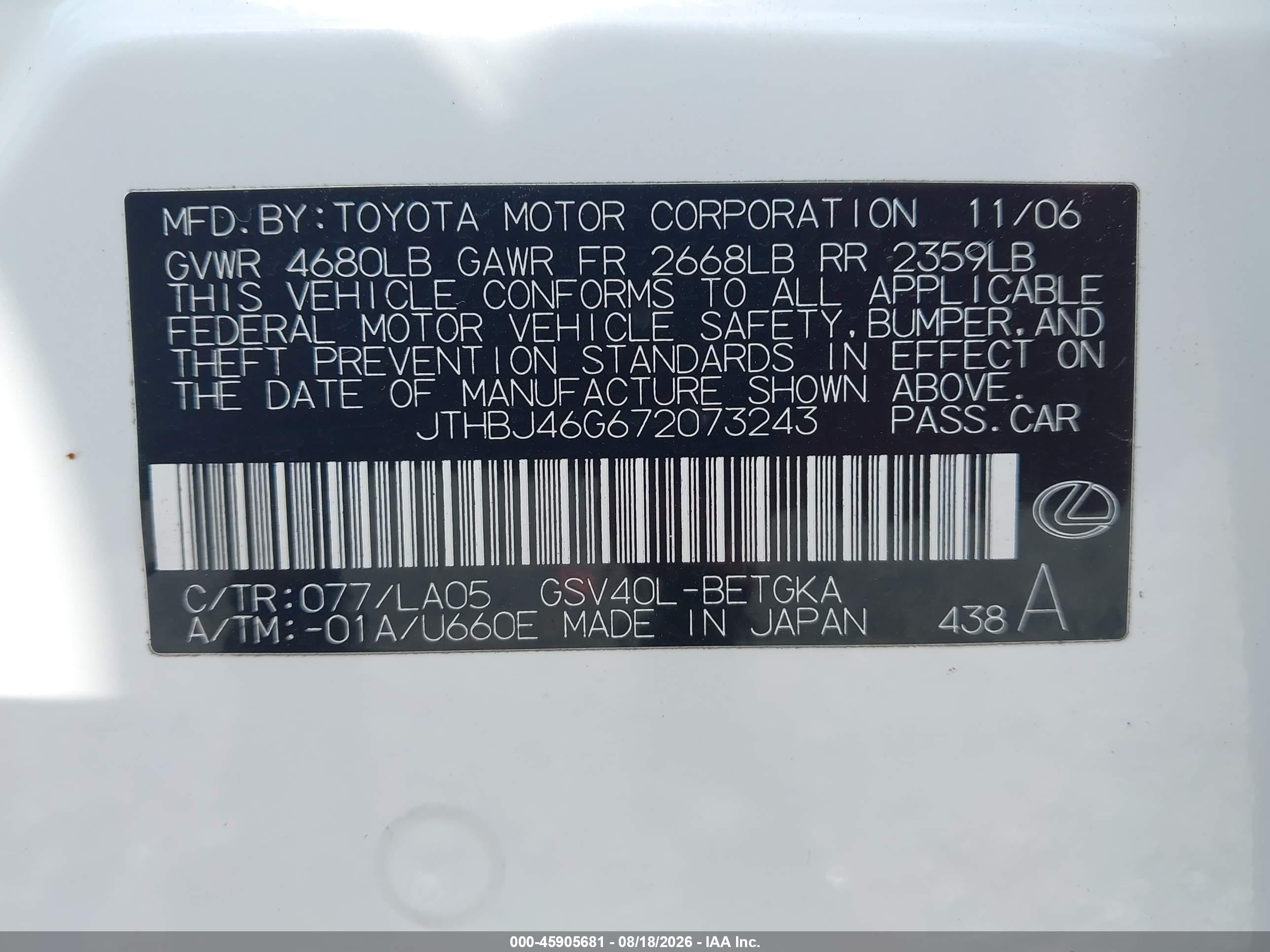 2007 Lexus Es 350   Белый vin: JTHBJ46G672073243