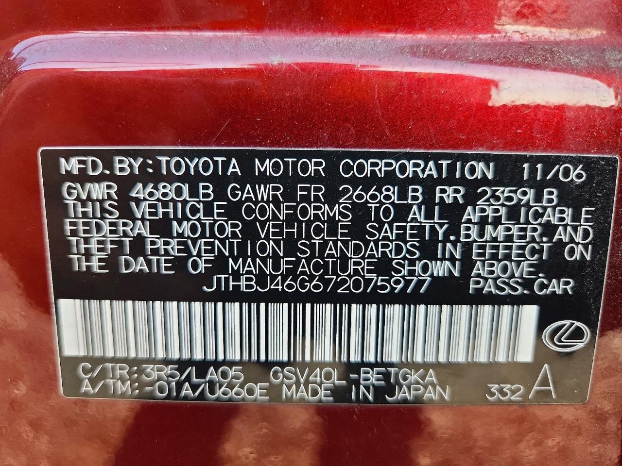 2007 Lexus Es 350 Burgundy vin: JTHBJ46G672075977