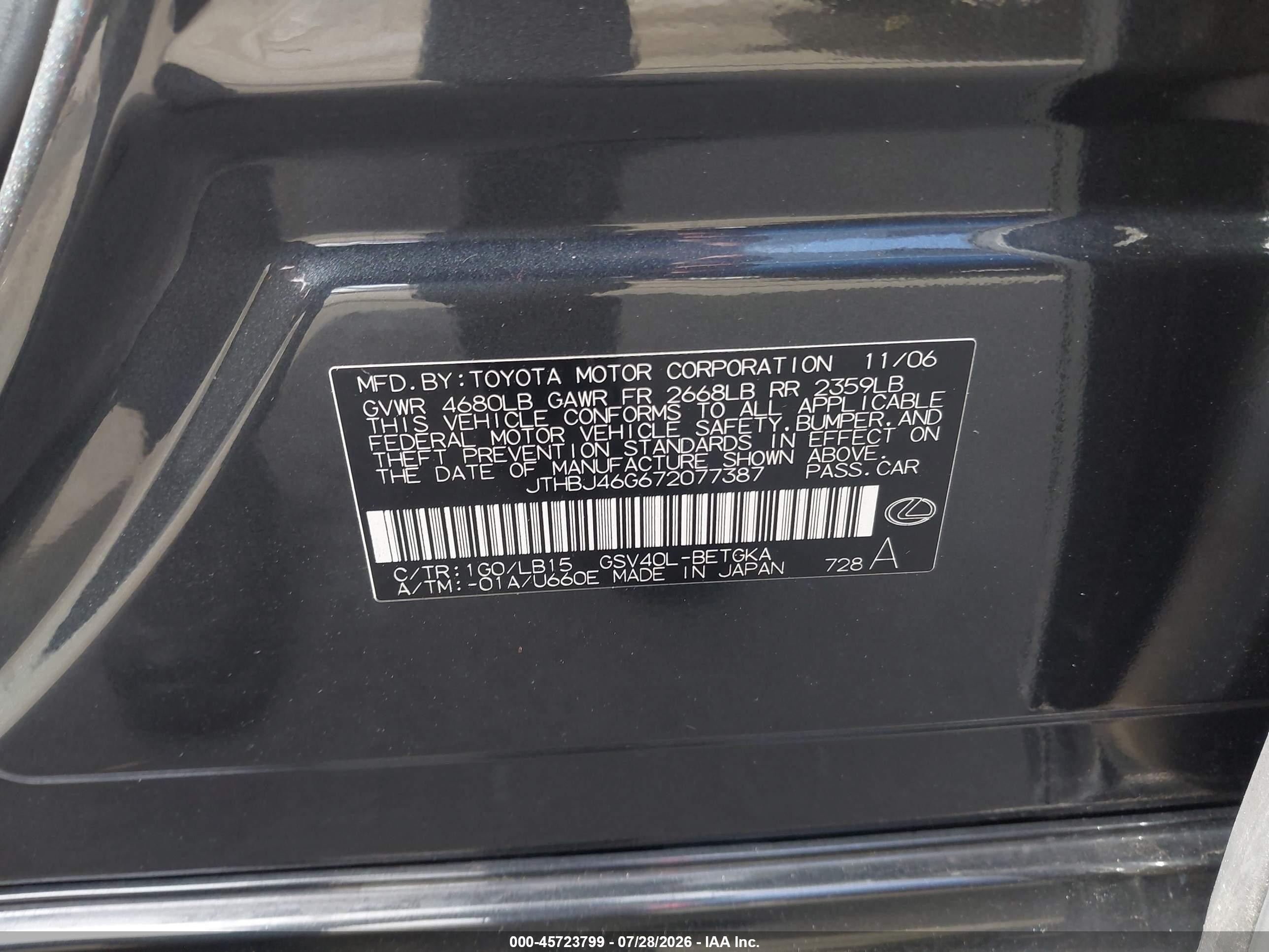 2007 Lexus Es 350   Gray vin: JTHBJ46G672077387