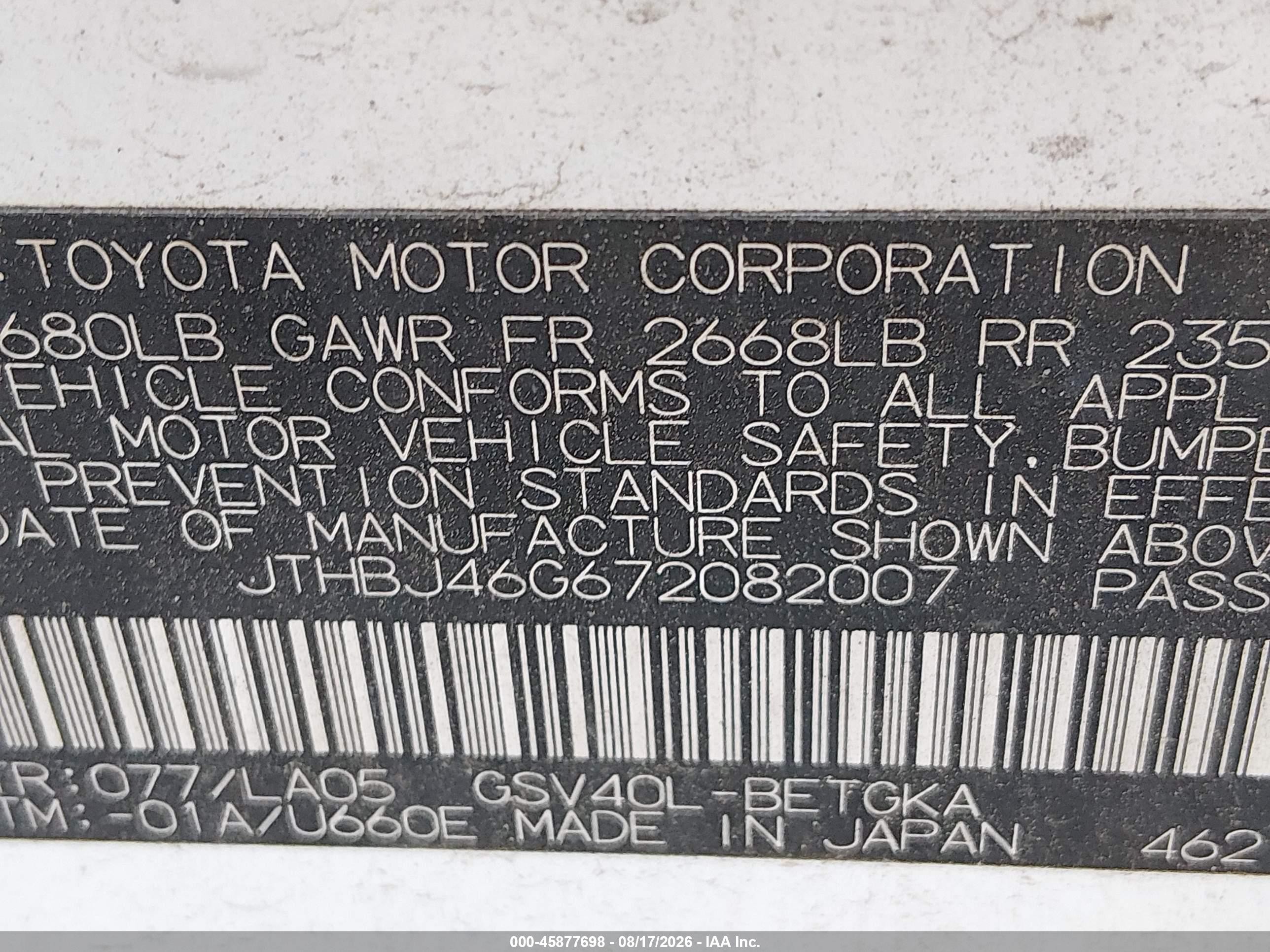 2007 Lexus Es 350   White vin: JTHBJ46G672082007