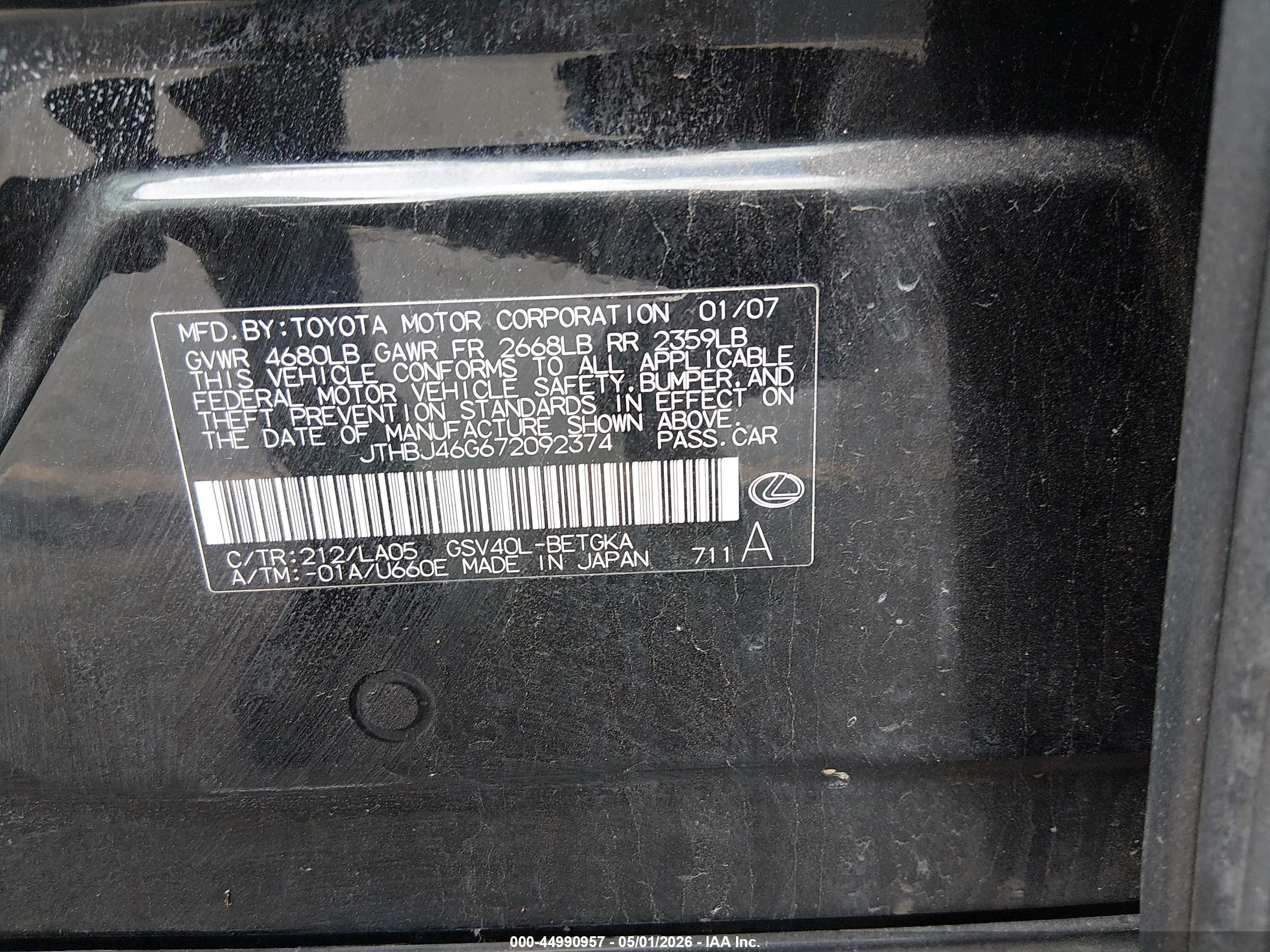 2007 Lexus Es 350   Black vin: JTHBJ46G672092374
