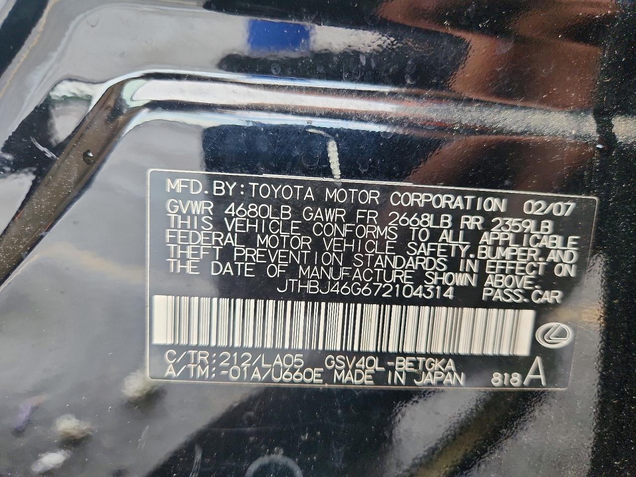 2007 Lexus Es 350 Black vin: JTHBJ46G672104314