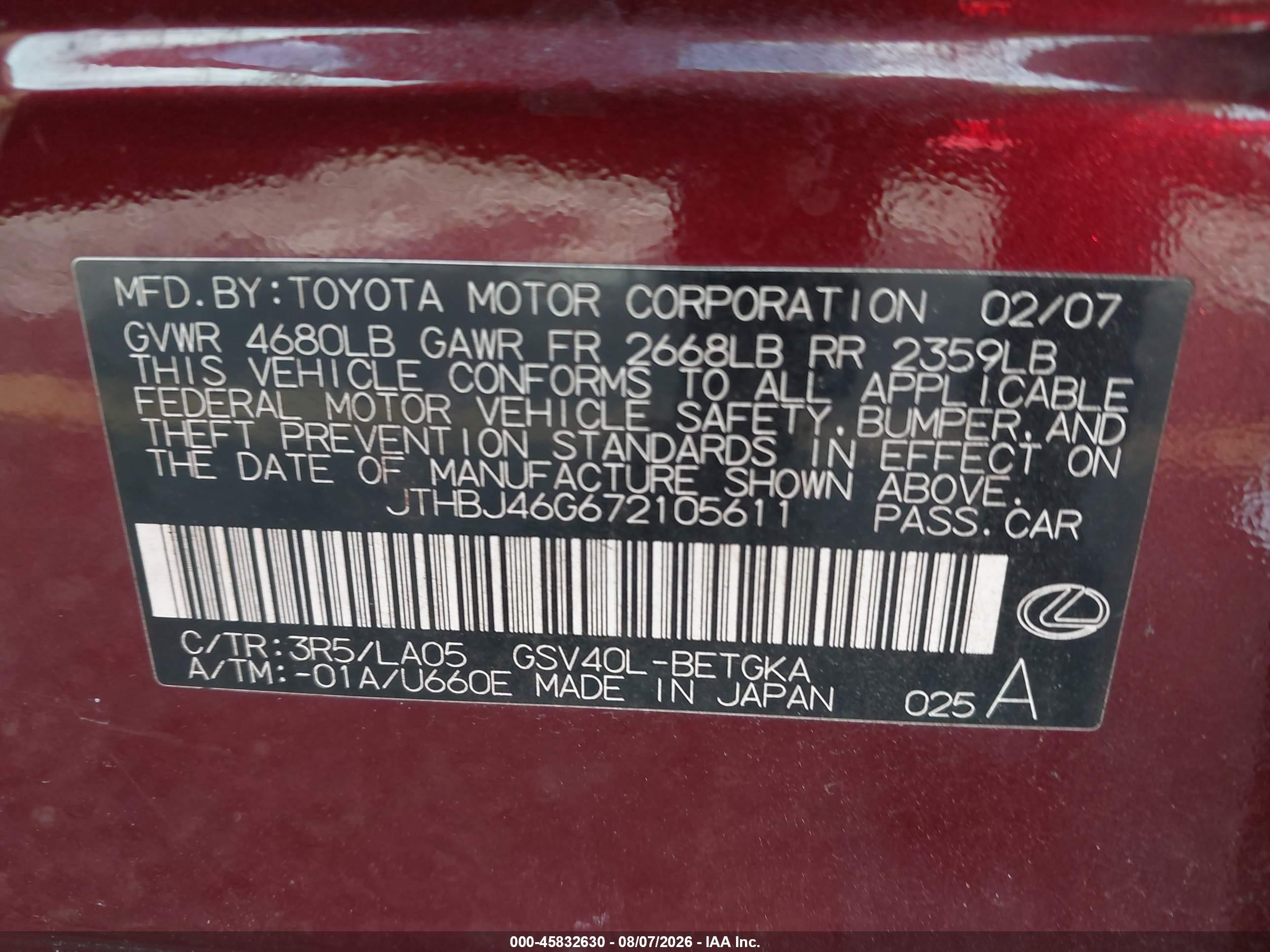 2007 Lexus Es 350   Burgundy vin: JTHBJ46G672105611
