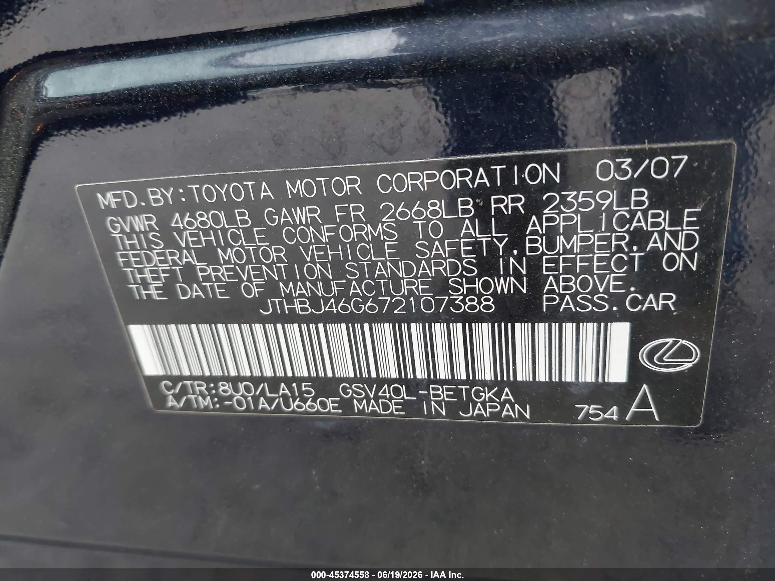 2007 Lexus Es 350   Синий vin: JTHBJ46G672107388