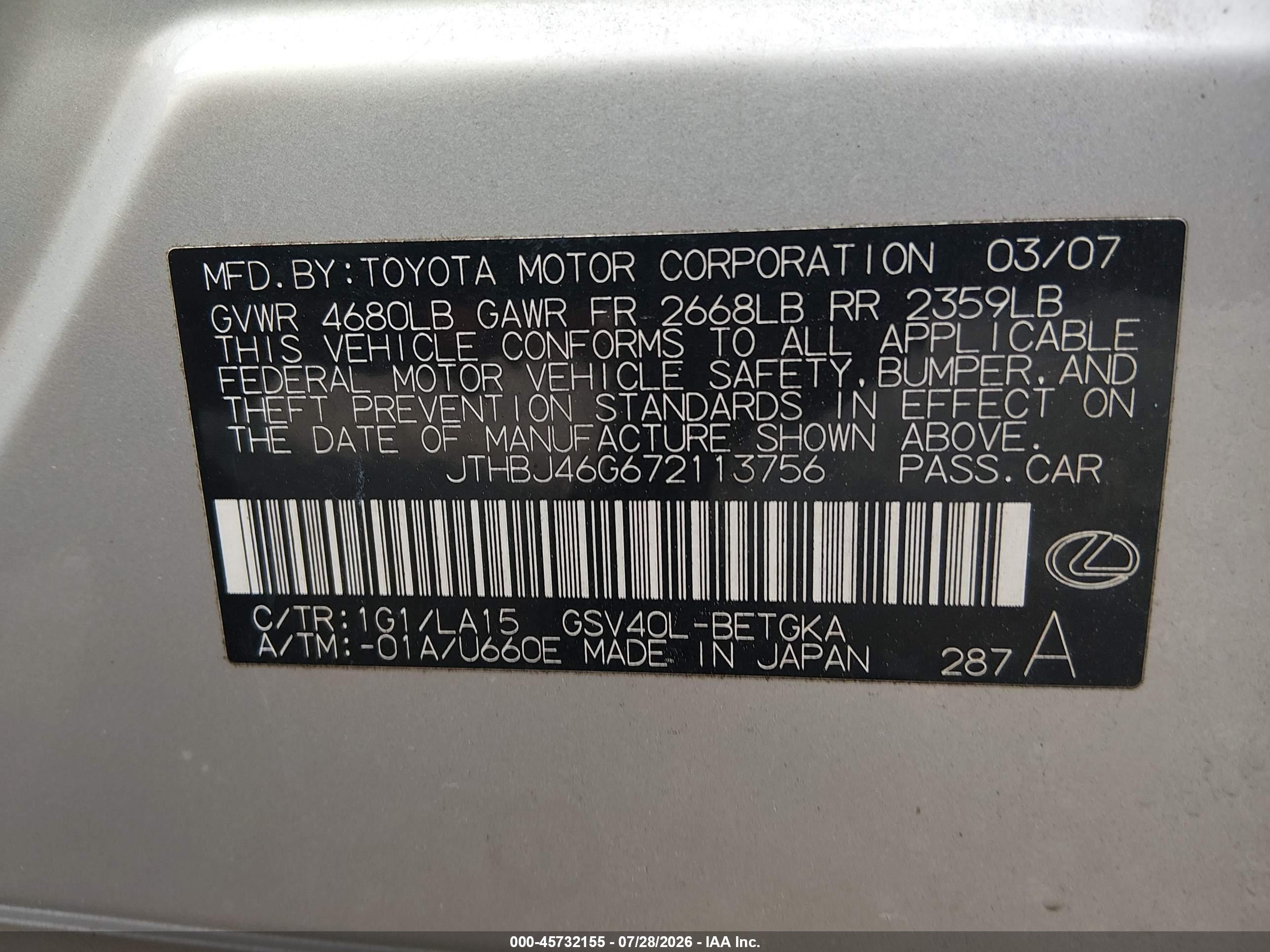 2007 Lexus Es 350 Silver vin: JTHBJ46G672113756
