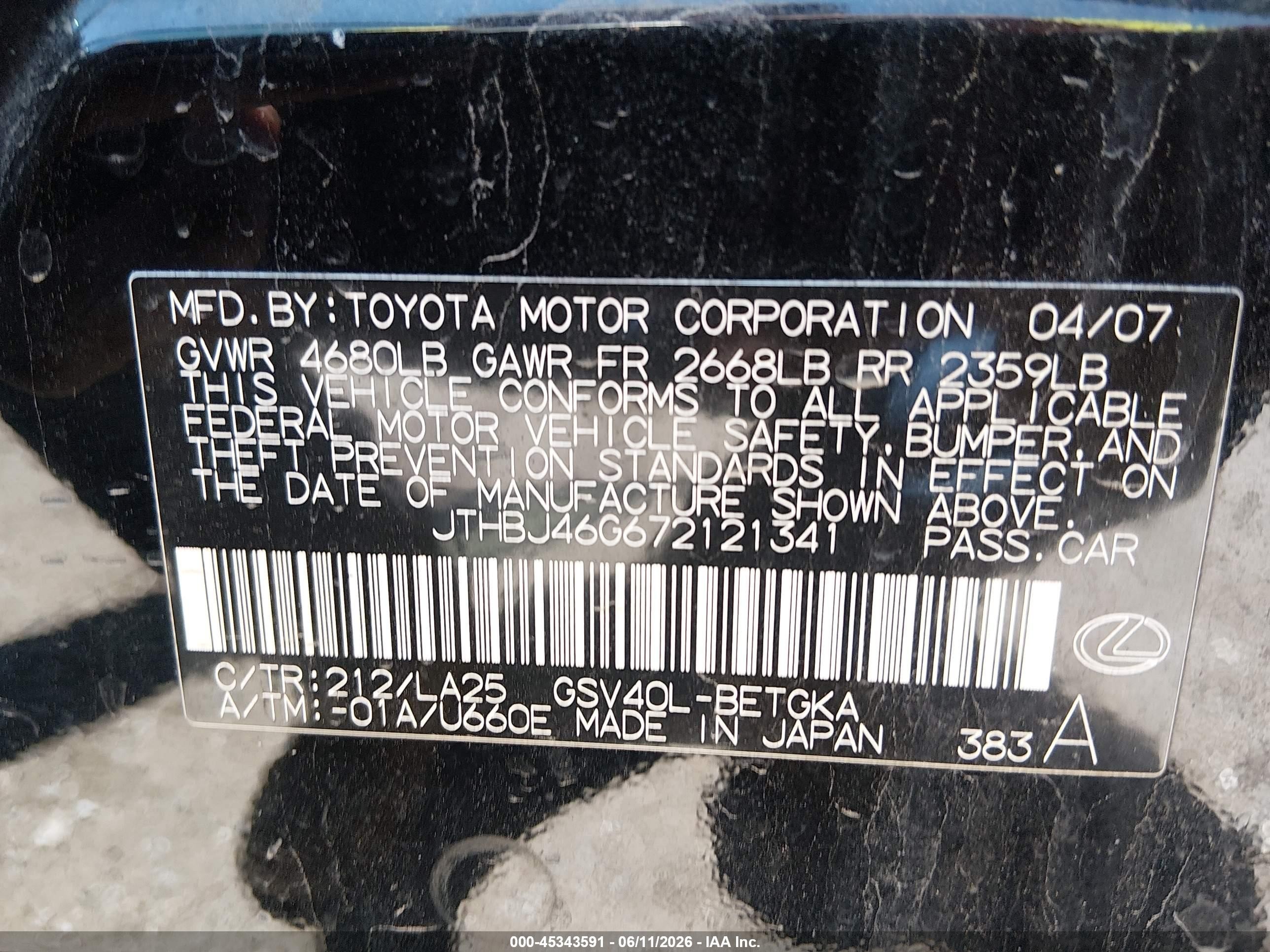 2007 Lexus Es 350   Black vin: JTHBJ46G672121341