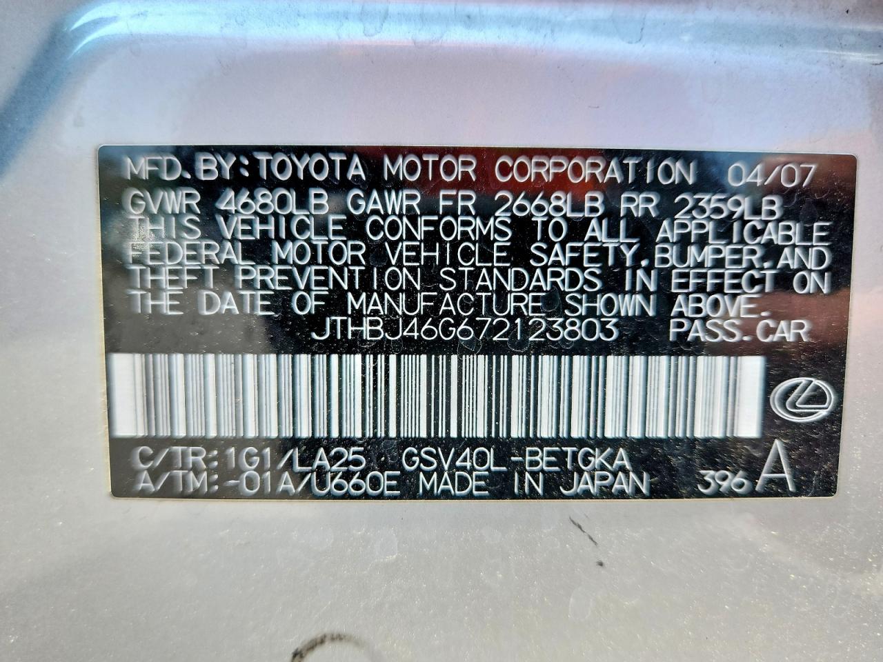 2007 Lexus Es 350 Silver vin: JTHBJ46G672123803