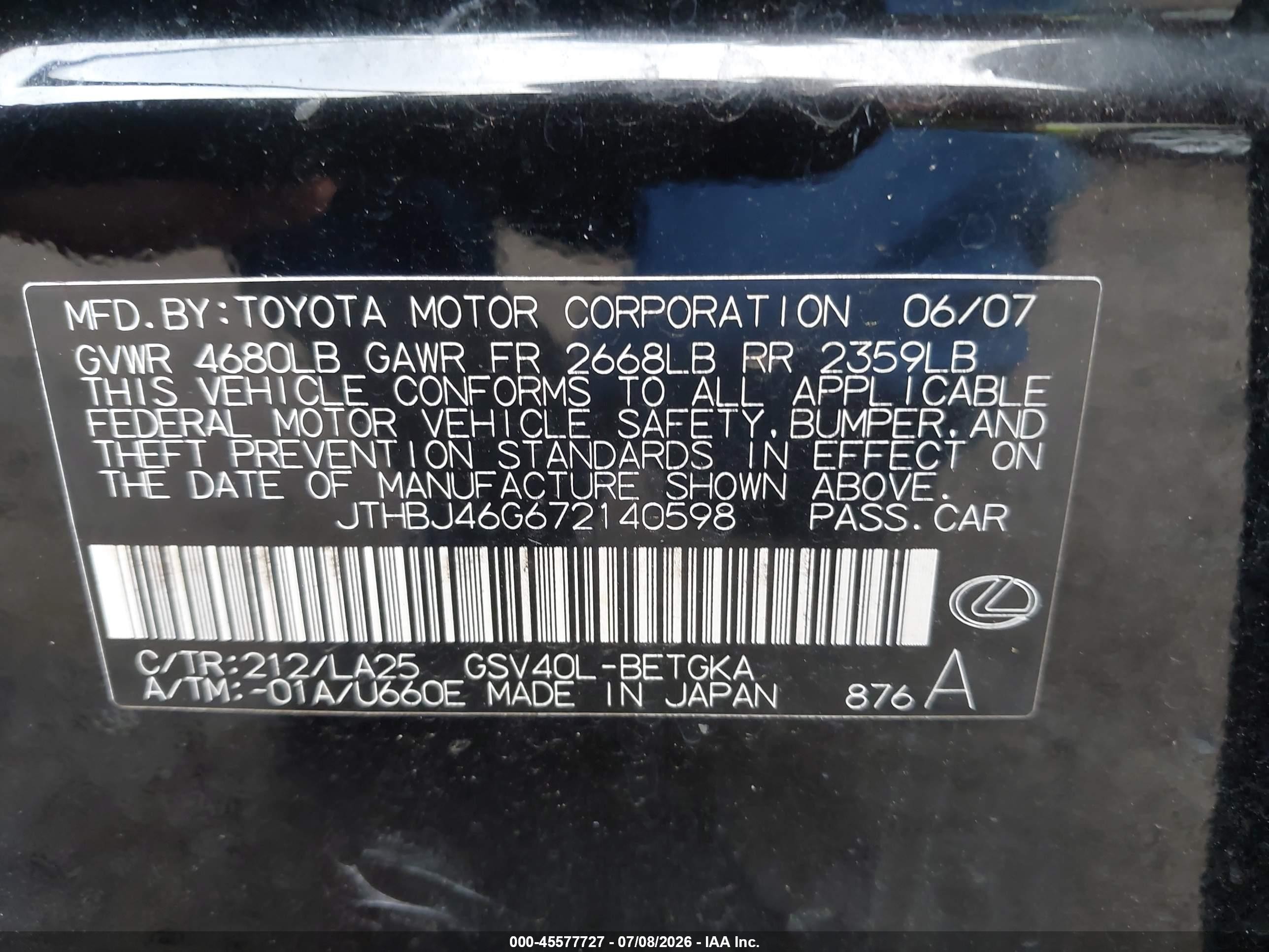 2007 Lexus Es 350   Black vin: JTHBJ46G672140598