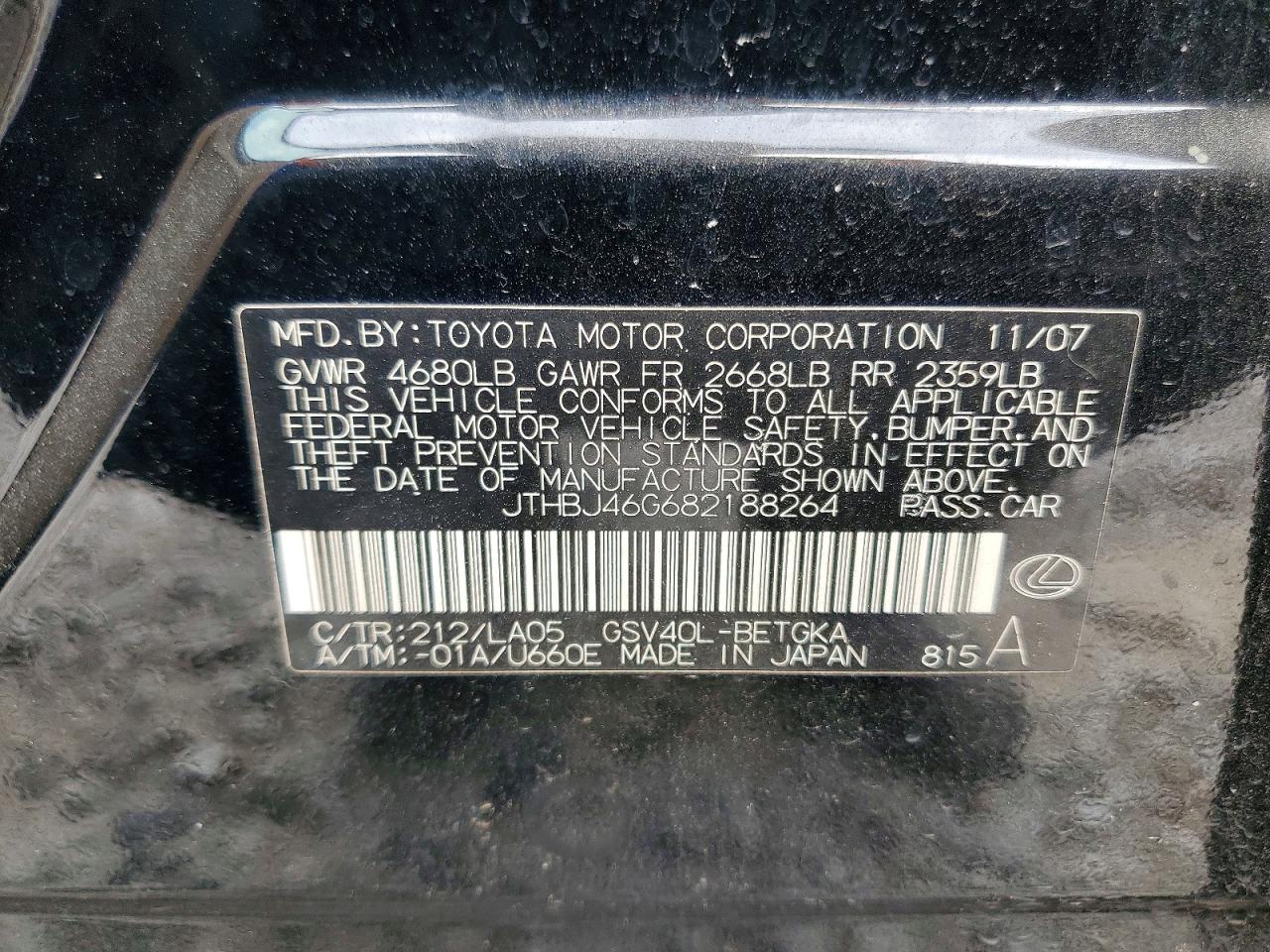 2008 Lexus Es 350 Black vin: JTHBJ46G682188264