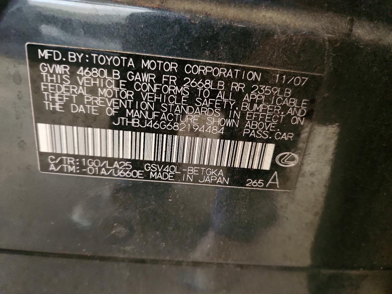 2008 Lexus Es 350 Gray vin: JTHBJ46G682194484
