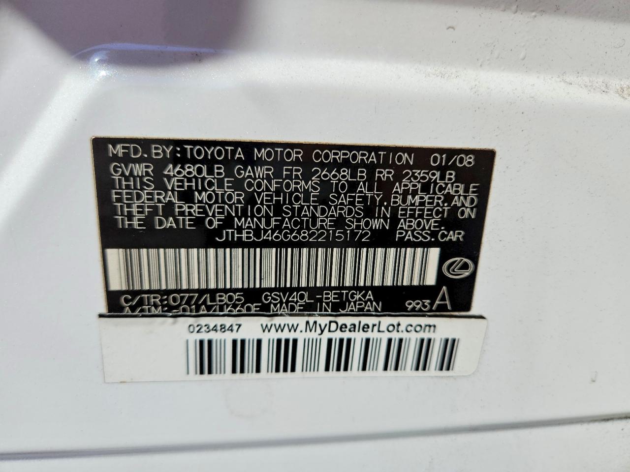 2008 Lexus Es 350 Белый vin: JTHBJ46G682215172