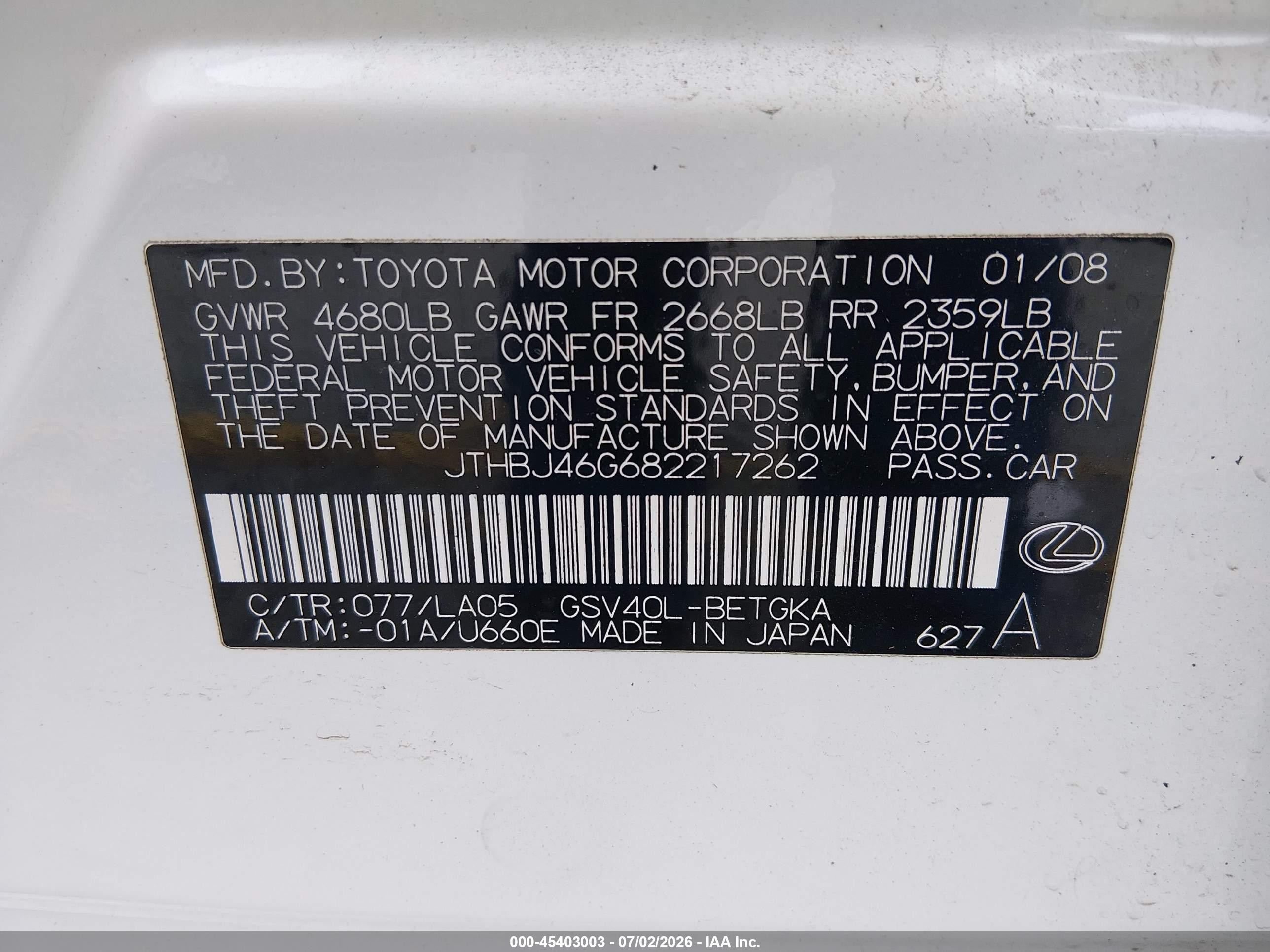 2008 Lexus Es 350   White vin: JTHBJ46G682217262