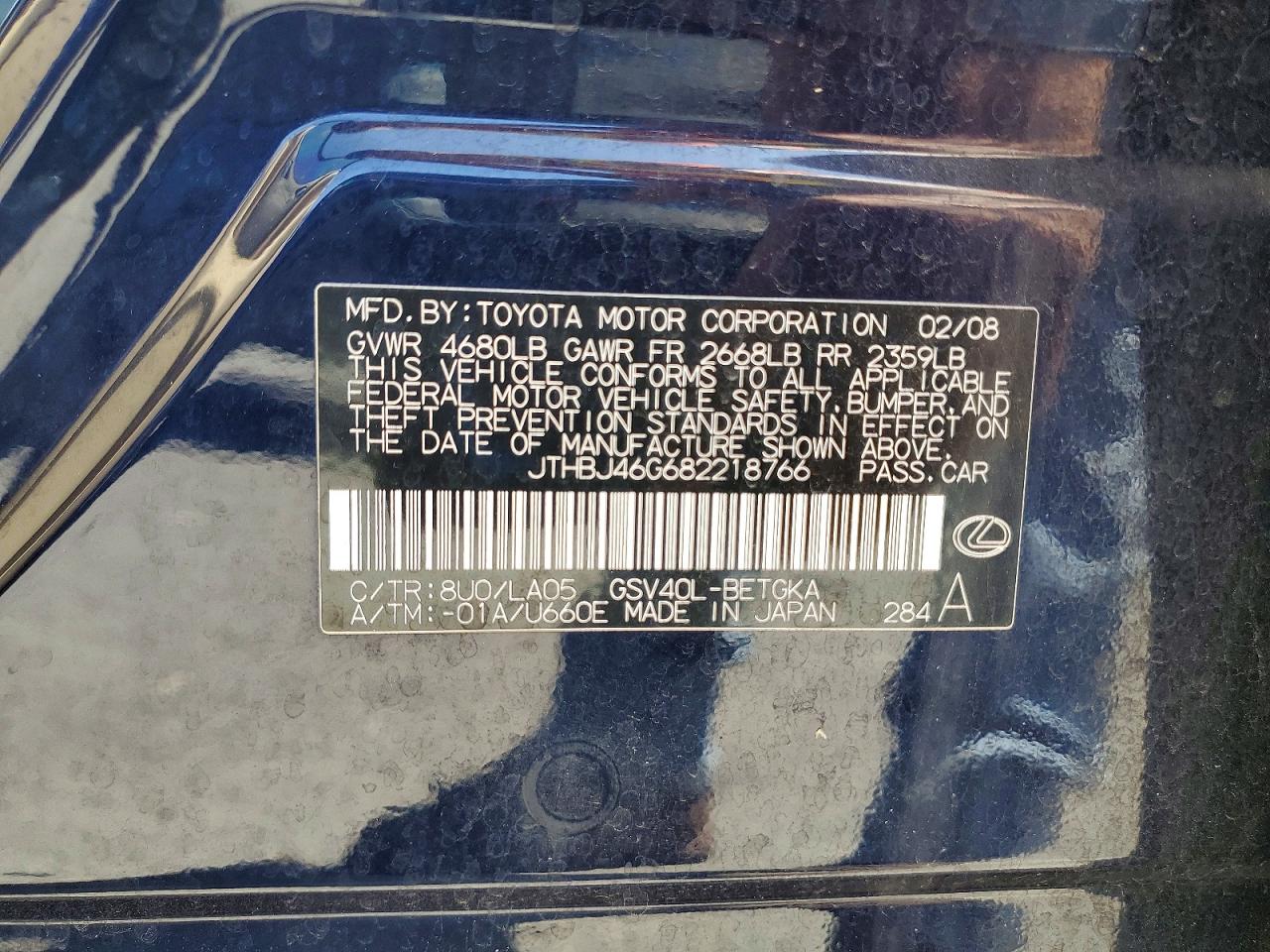 2008 Lexus Es 350 Blue vin: JTHBJ46G682218766