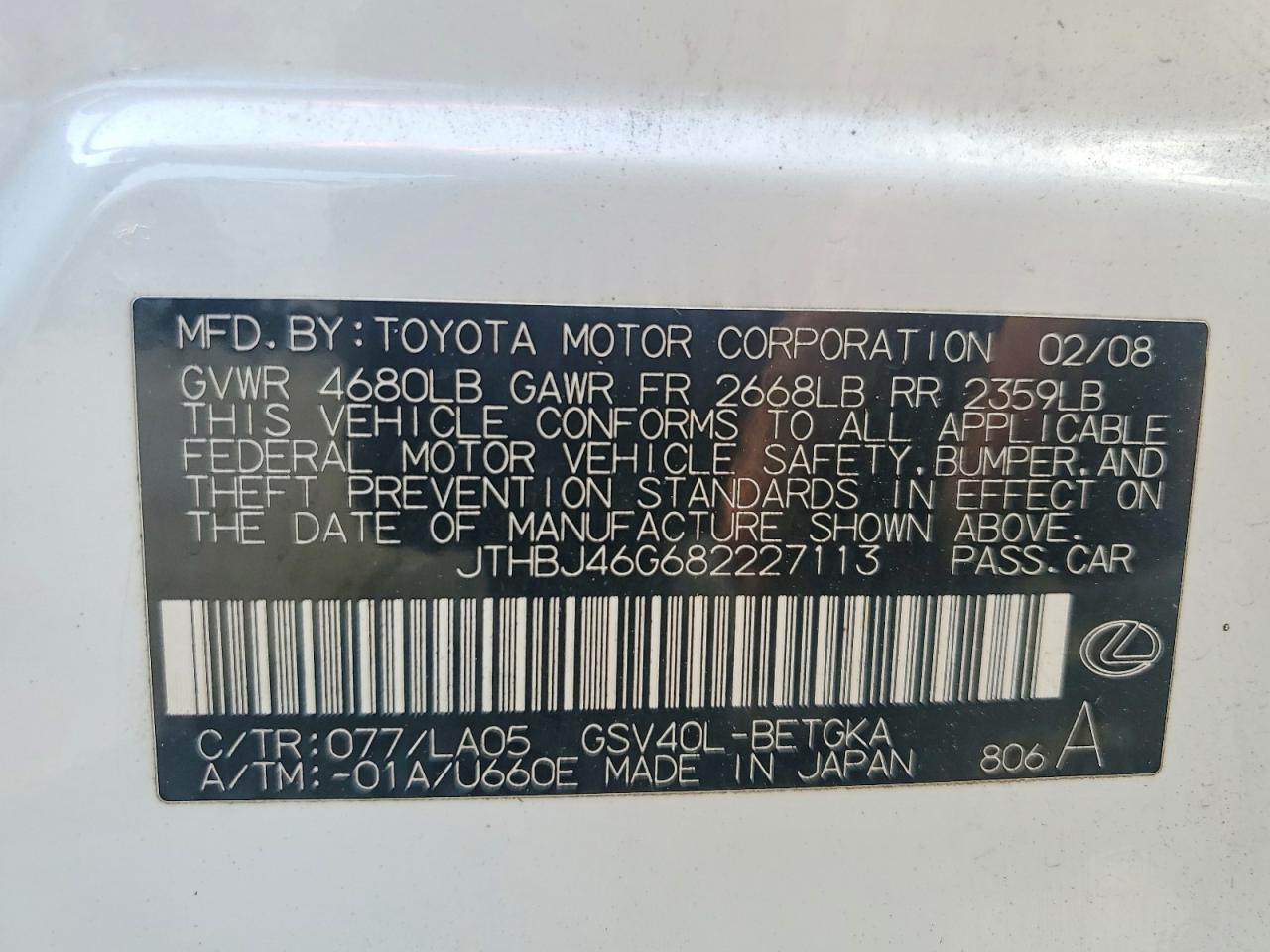 2008 Lexus Es 350 White vin: JTHBJ46G682227113