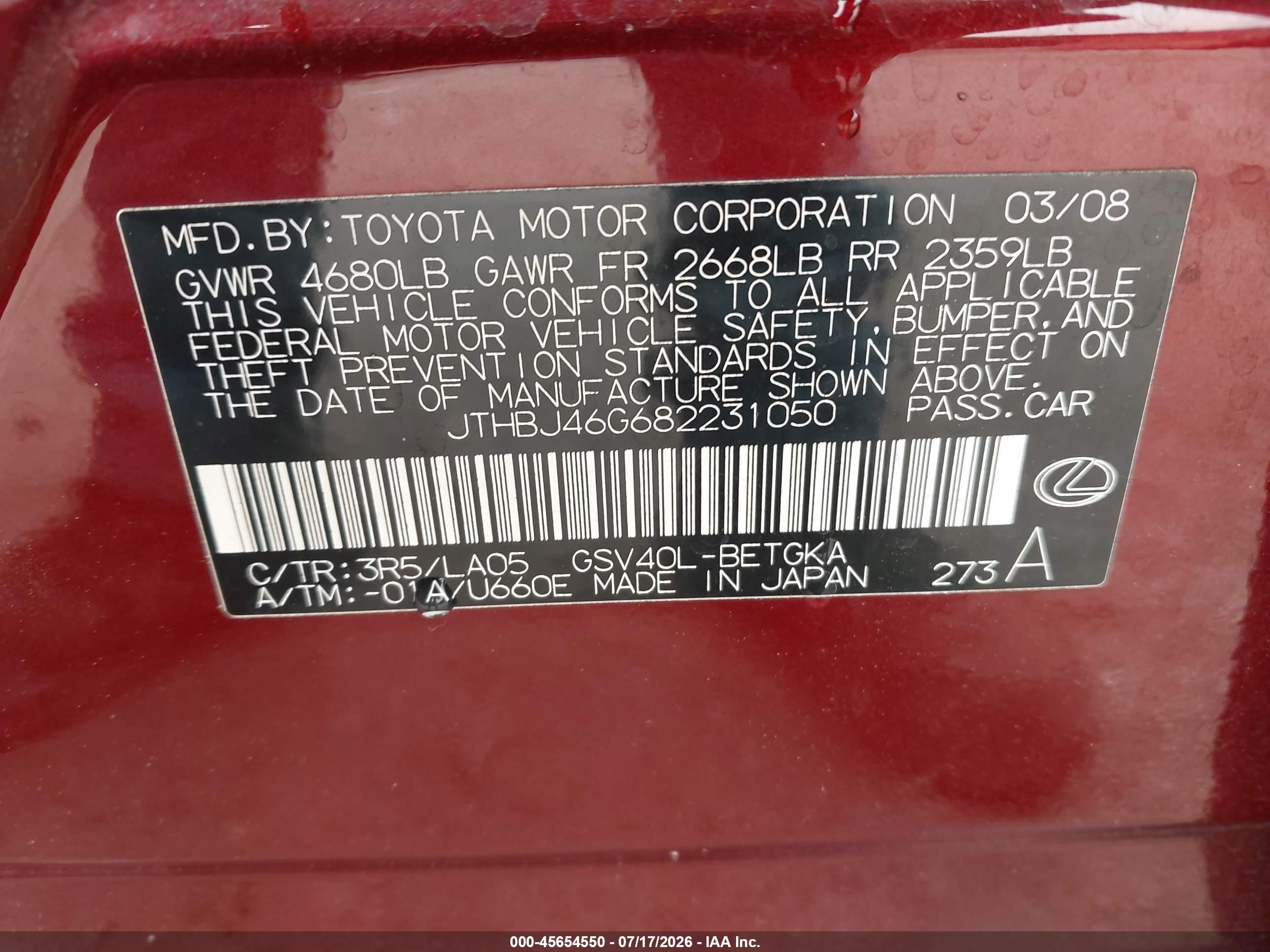 2008 Lexus Es 350   Красный vin: JTHBJ46G682231050