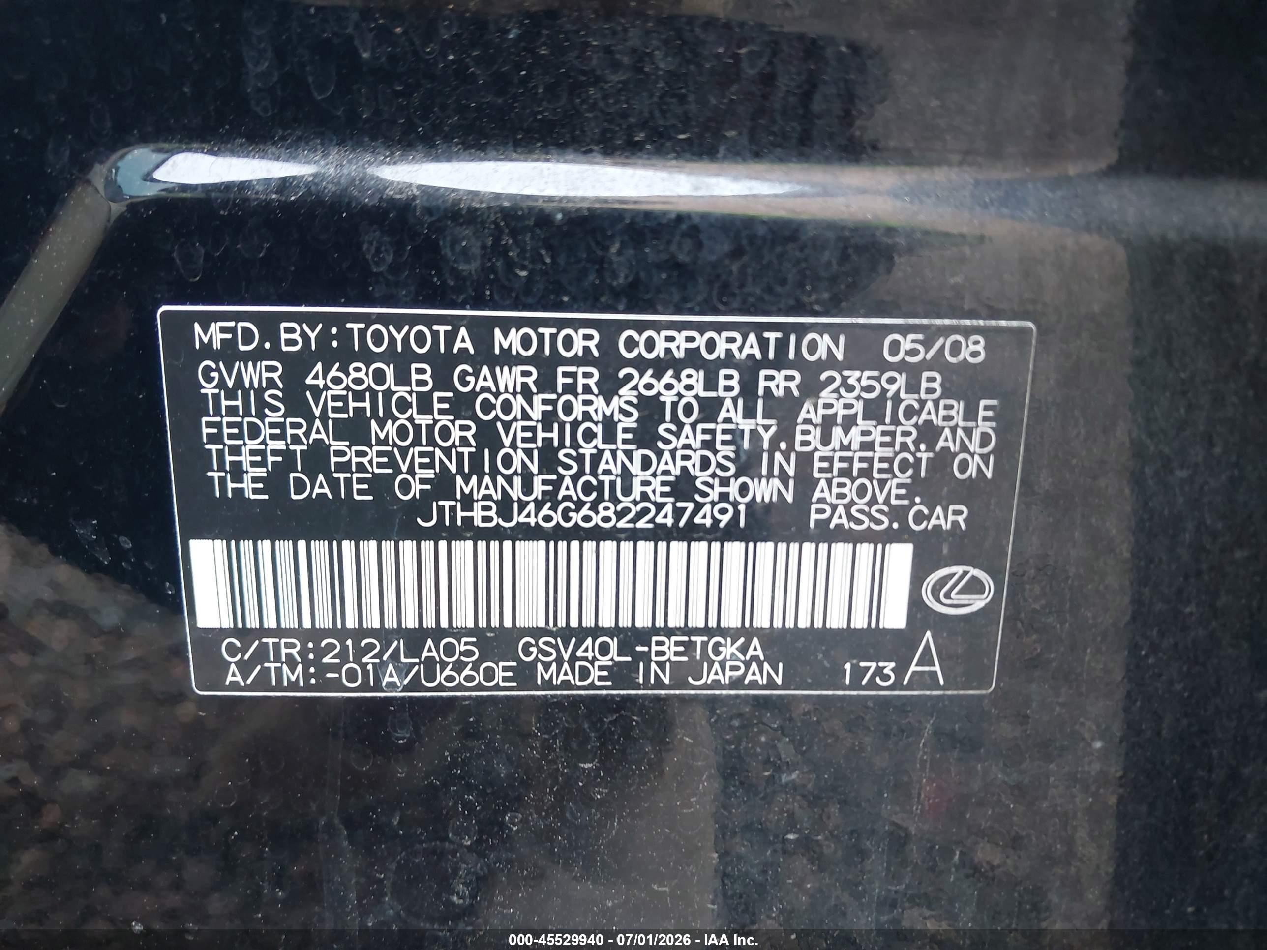 2008 Lexus Es 350   Black vin: JTHBJ46G682247491