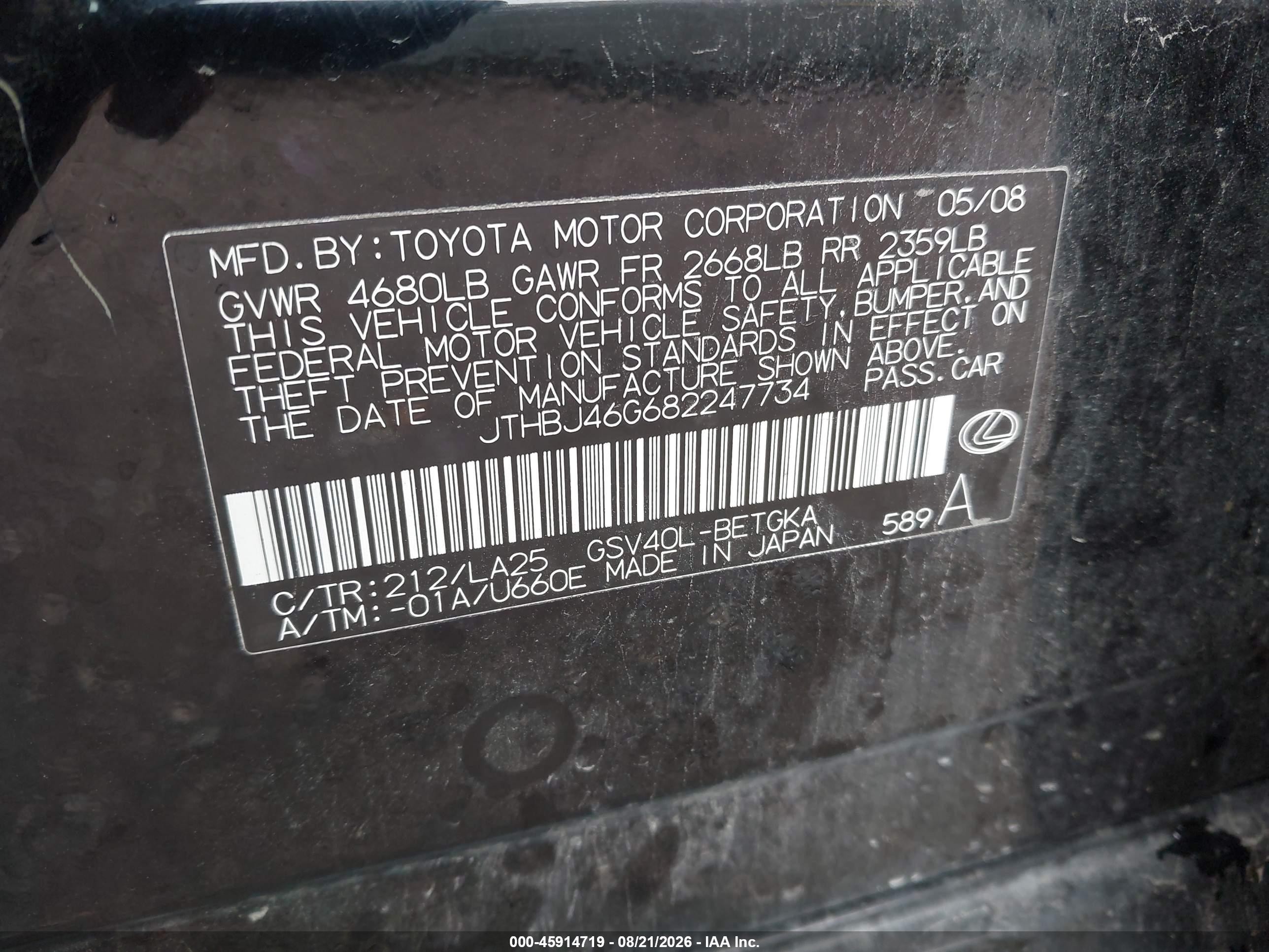 2008 Lexus Es 350 Black vin: JTHBJ46G682247734