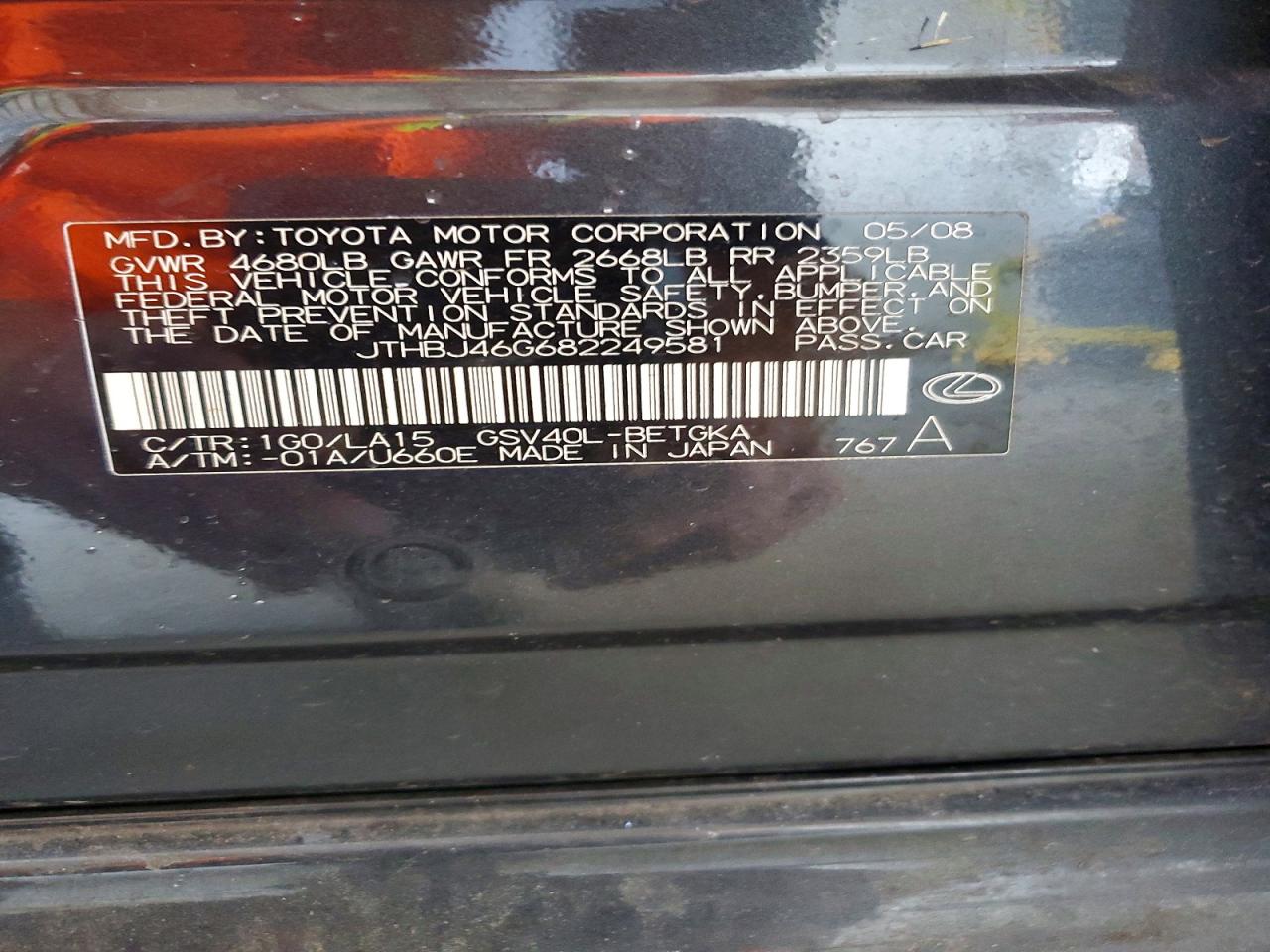 2008 Lexus Es 350 Charcoal vin: JTHBJ46G682249581