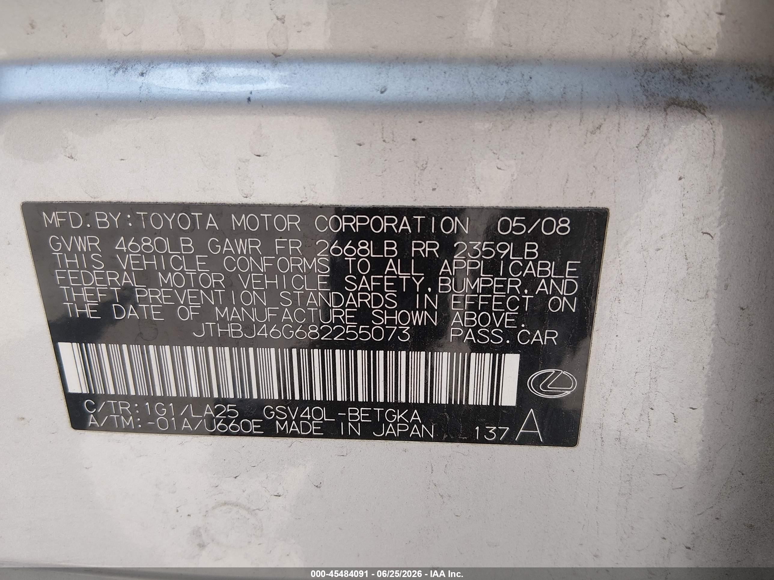 2008 Lexus Es 350   Silver vin: JTHBJ46G682255073