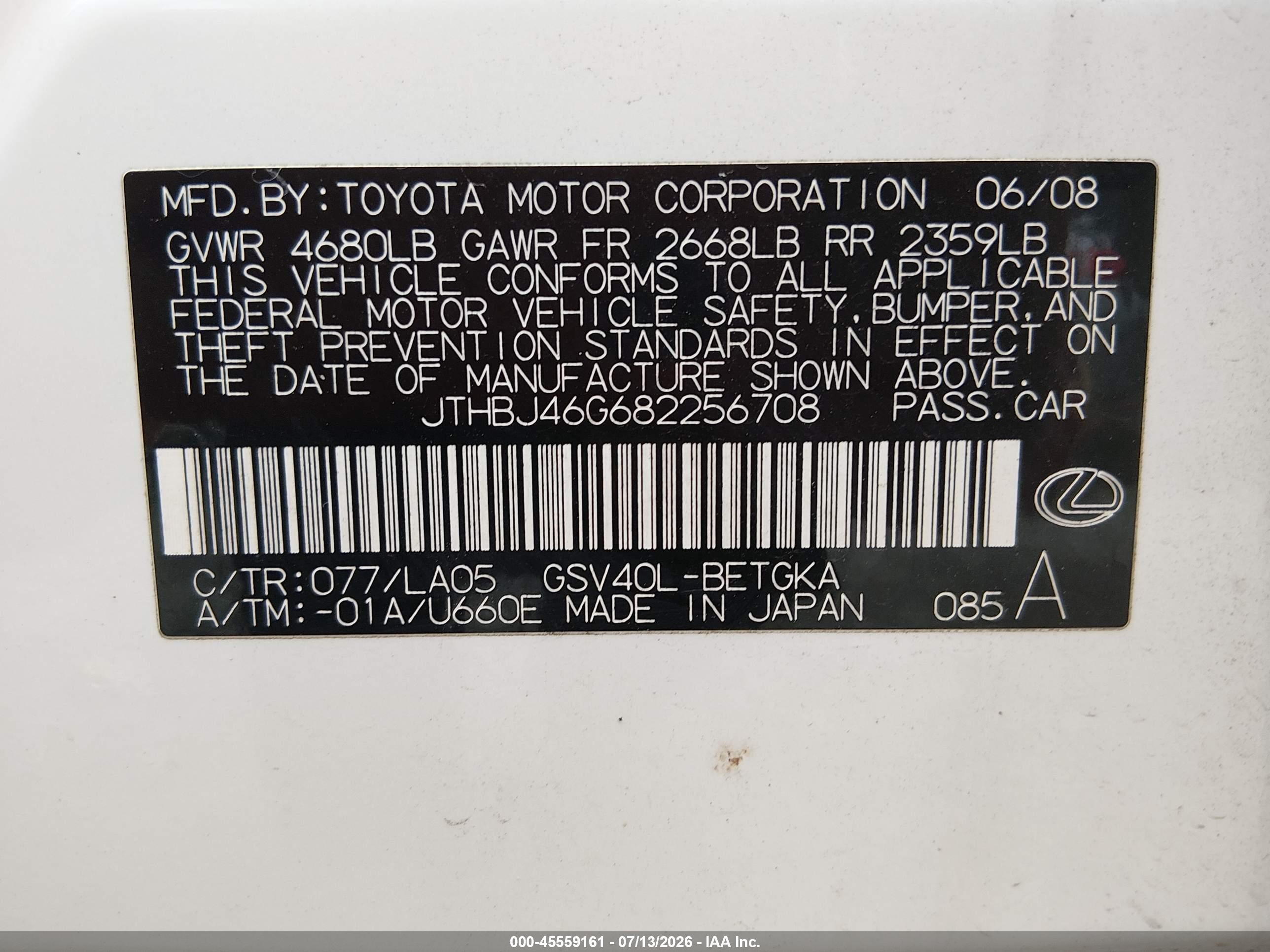 2008 Lexus Es 350   Белый vin: JTHBJ46G682256708