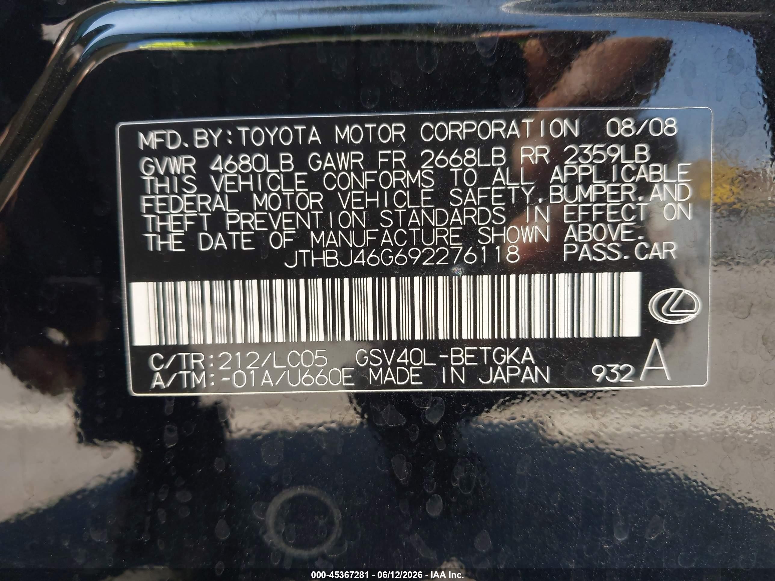 2009 Lexus Es 350   Black vin: JTHBJ46G692276118
