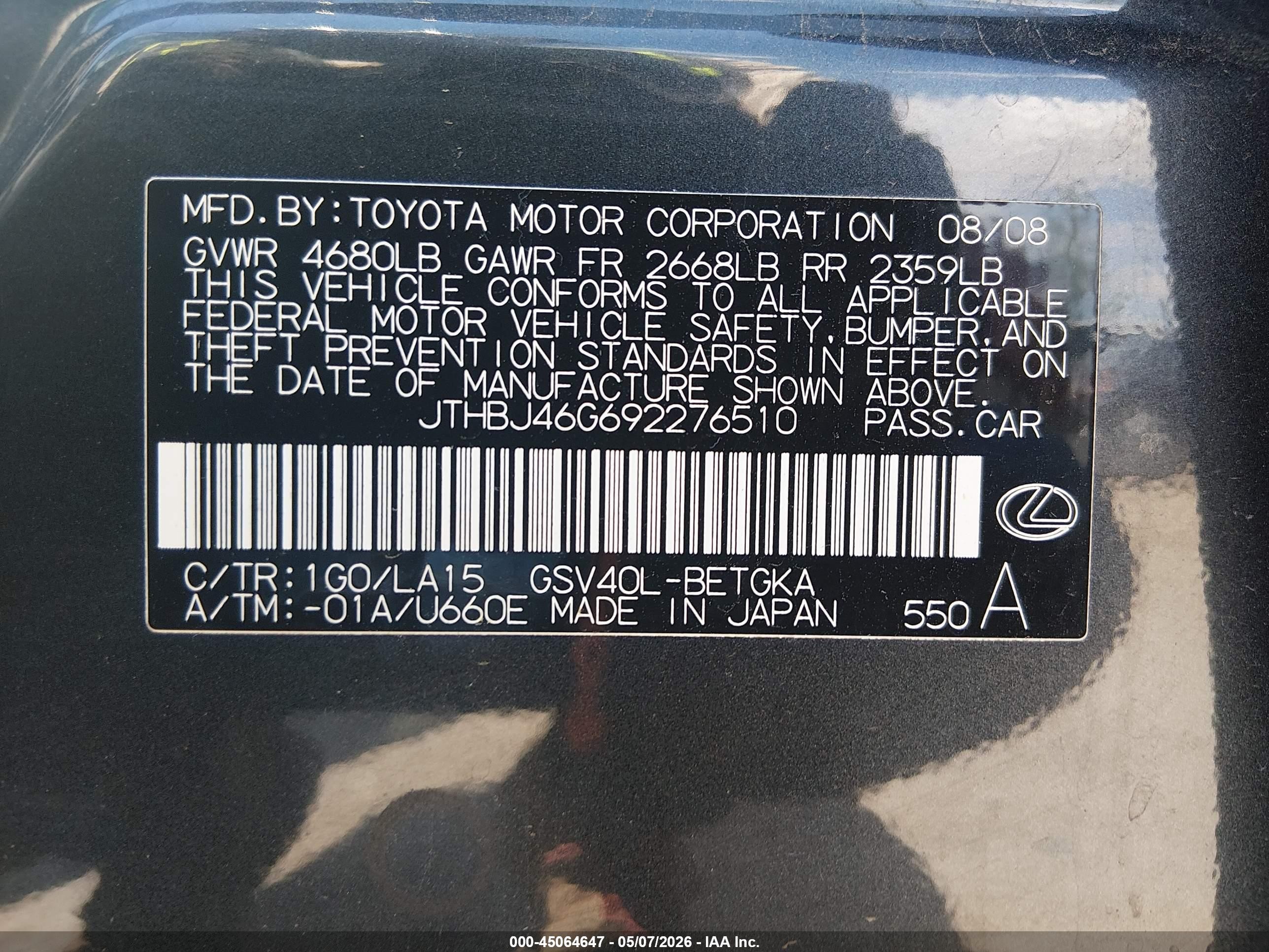 2009 Lexus Es 350   Gray vin: JTHBJ46G692276510