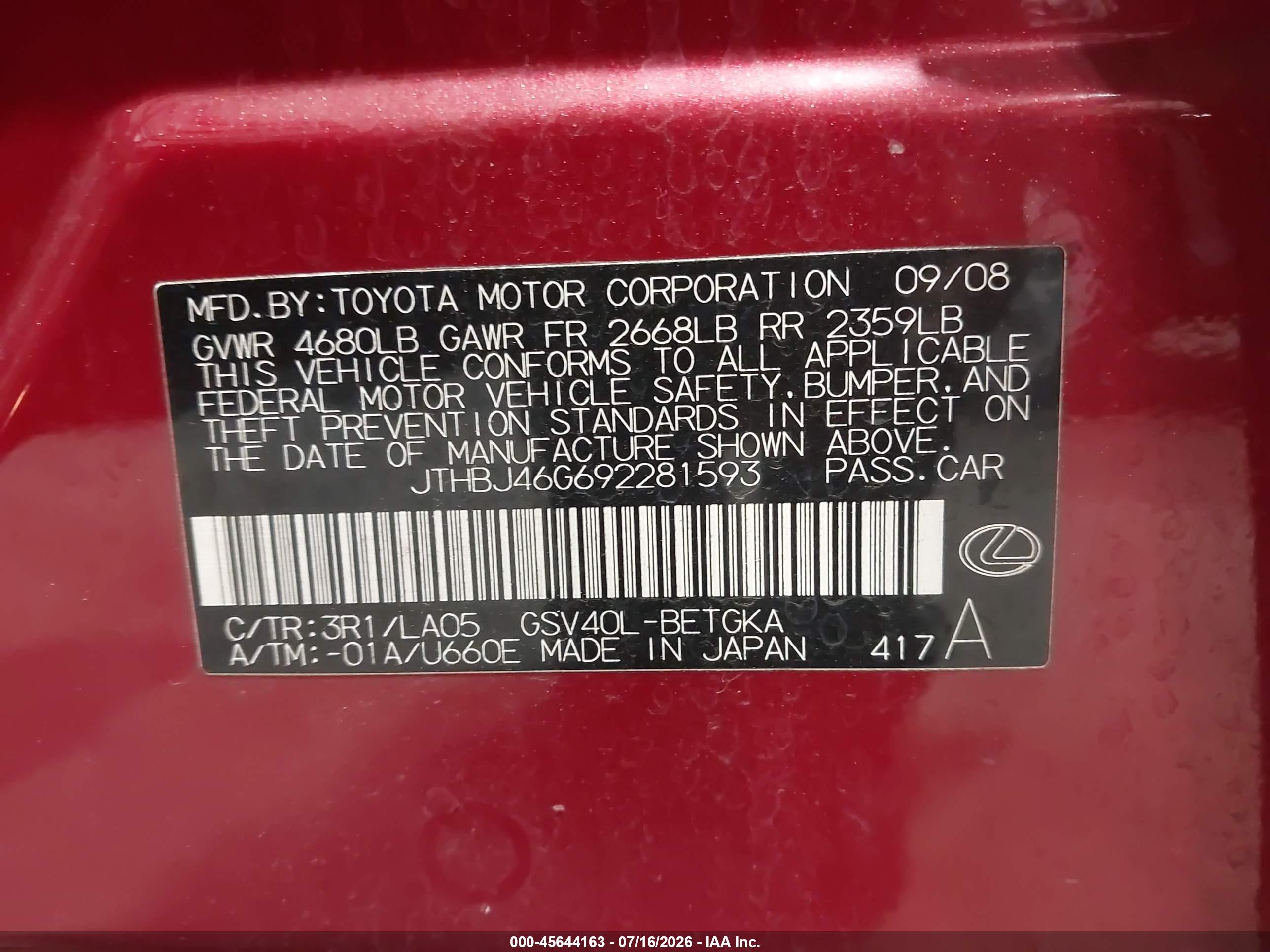 2009 Lexus Es 350   Burgundy vin: JTHBJ46G692281593