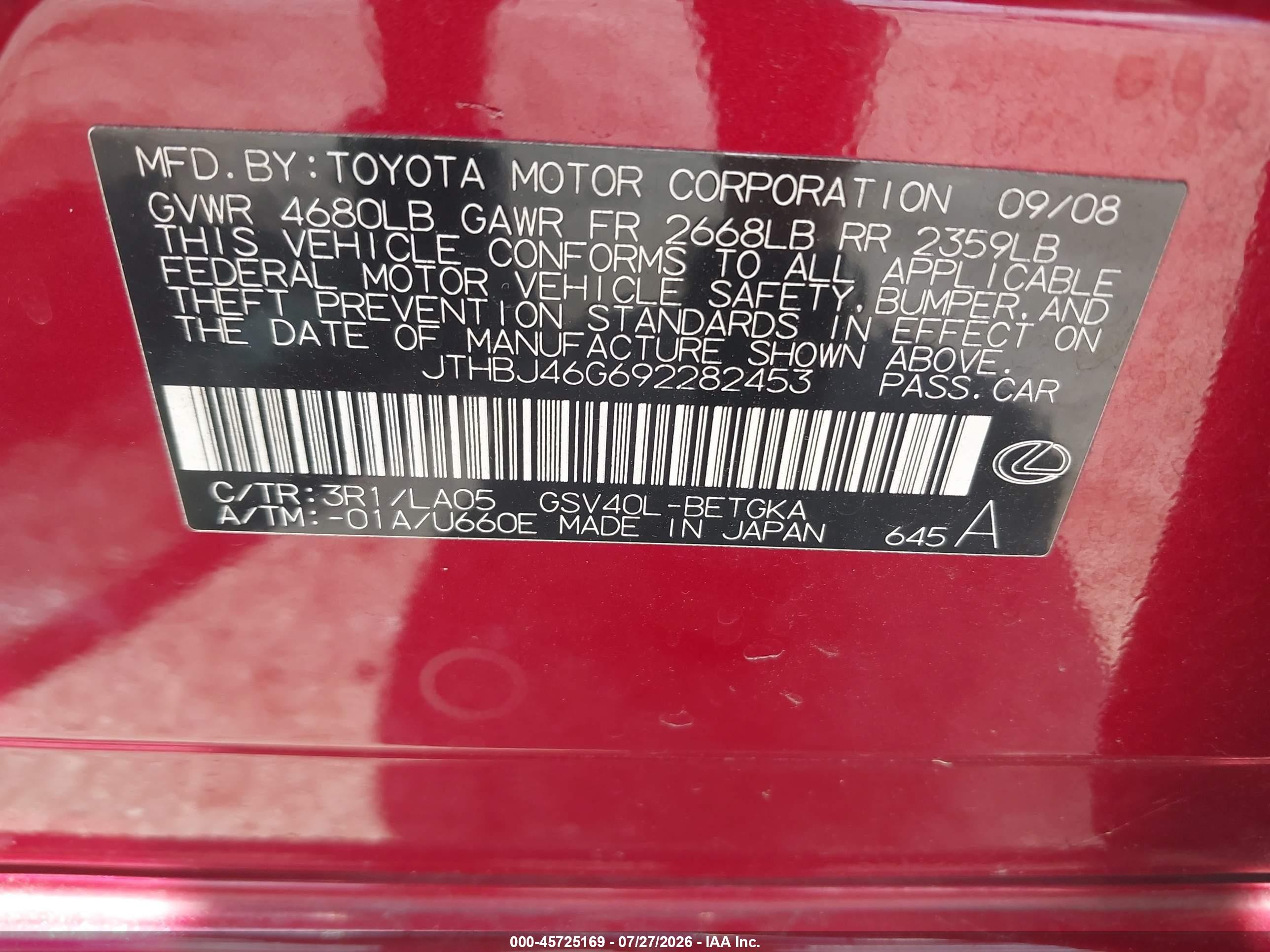 2009 Lexus Es 350   Red vin: JTHBJ46G692282453