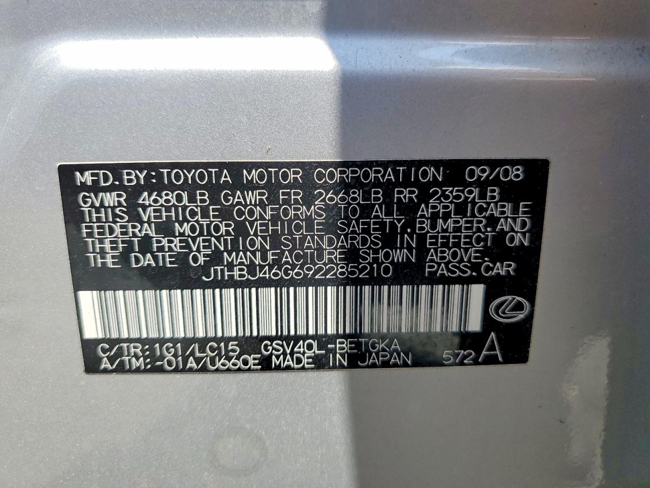 2009 Lexus Es 350 Silver vin: JTHBJ46G692285210